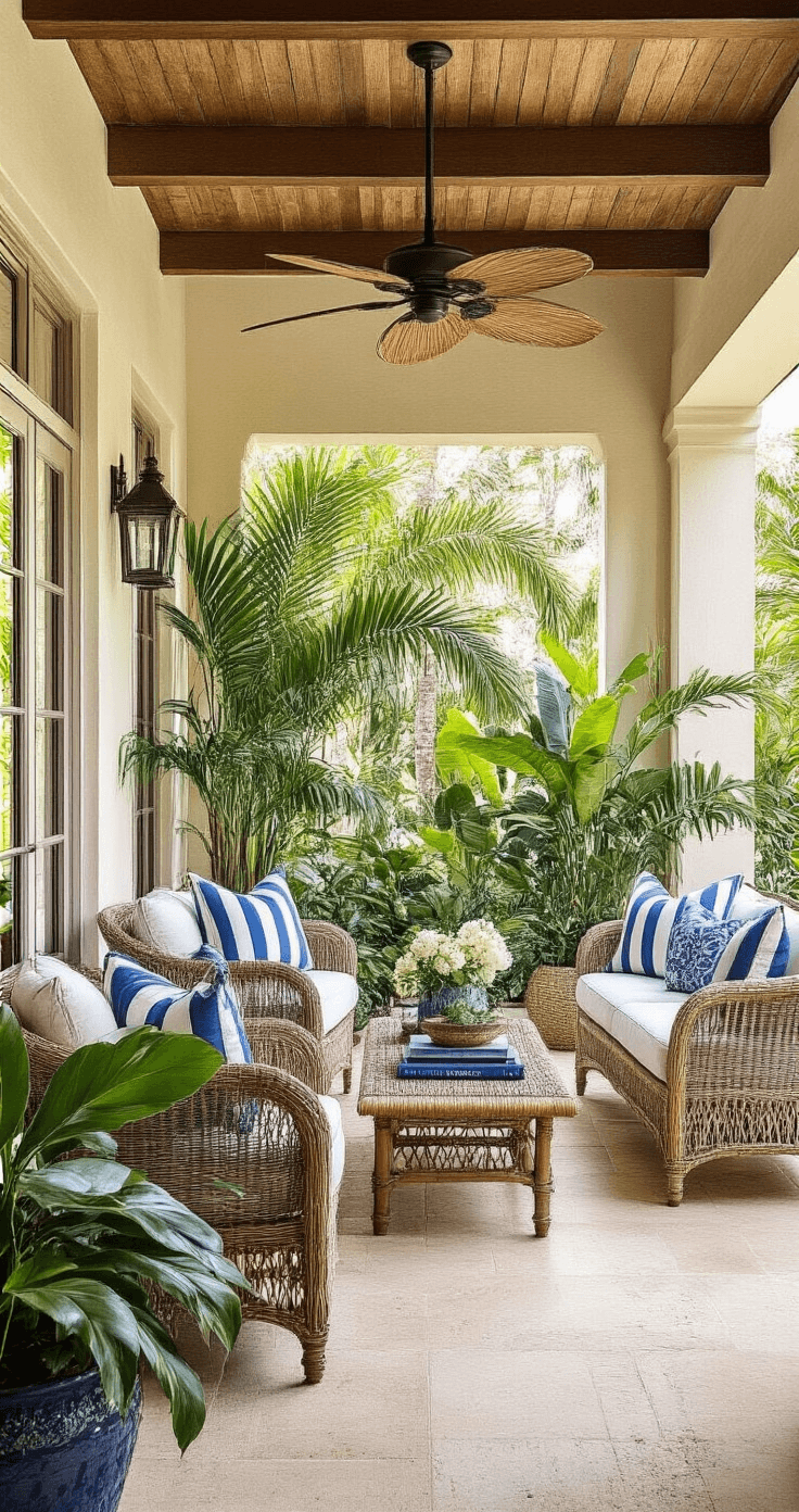 A sophisticated tropical outdoor living space featuring a covered 12x24-foot lanai with an exposed beam ceiling, filled with weather-resistant wicker seating in ocean hues, potted palms, and orchids. The natural stone flooring and vintage paddle fans enhance the ambiance, while blue and white striped cushions add comfort. Late afternoon golden light highlights the indoor-outdoor flow, captured from a corner perspective.