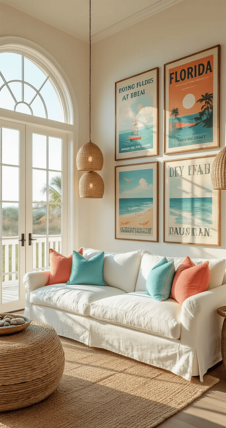 A bright coastal living room with 12ft ceilings and large arched windows, featuring vintage Florida travel posters and beach photography on a gallery wall, a white linen sofa with coral and turquoise pillows, natural woven pendant lights, and a blend of driftwood and metallic gold accents, all bathed in warm, golden afternoon light.