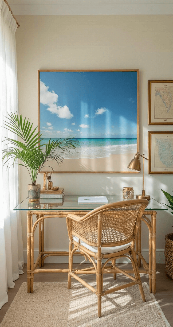 An intimate home office featuring sheer white curtains, a large beach photograph in blues and neutrals, a glass-topped rattan desk with brass accessories and a potted palm, flanked by vintage Florida maps in gold frames, all bathed in soft morning light.