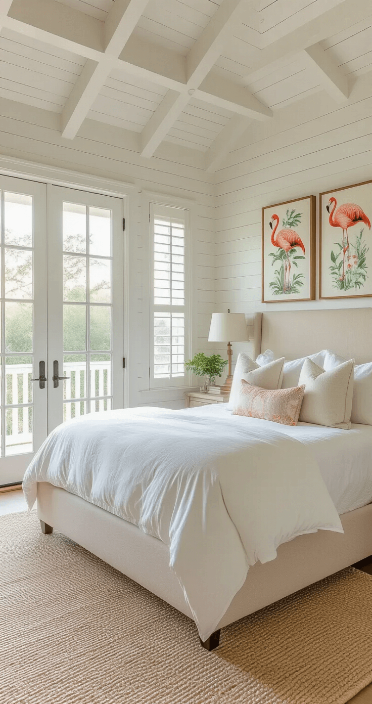 A spacious master bedroom with tray ceilings and French doors to a balcony, showcasing white shiplap walls adorned with botanical prints of flamingos and tropical flowers in coral and mint hues, featuring a cream upholstered bed with white linens, woven grass cloth wallpaper, and a dreamy golden hour glow.