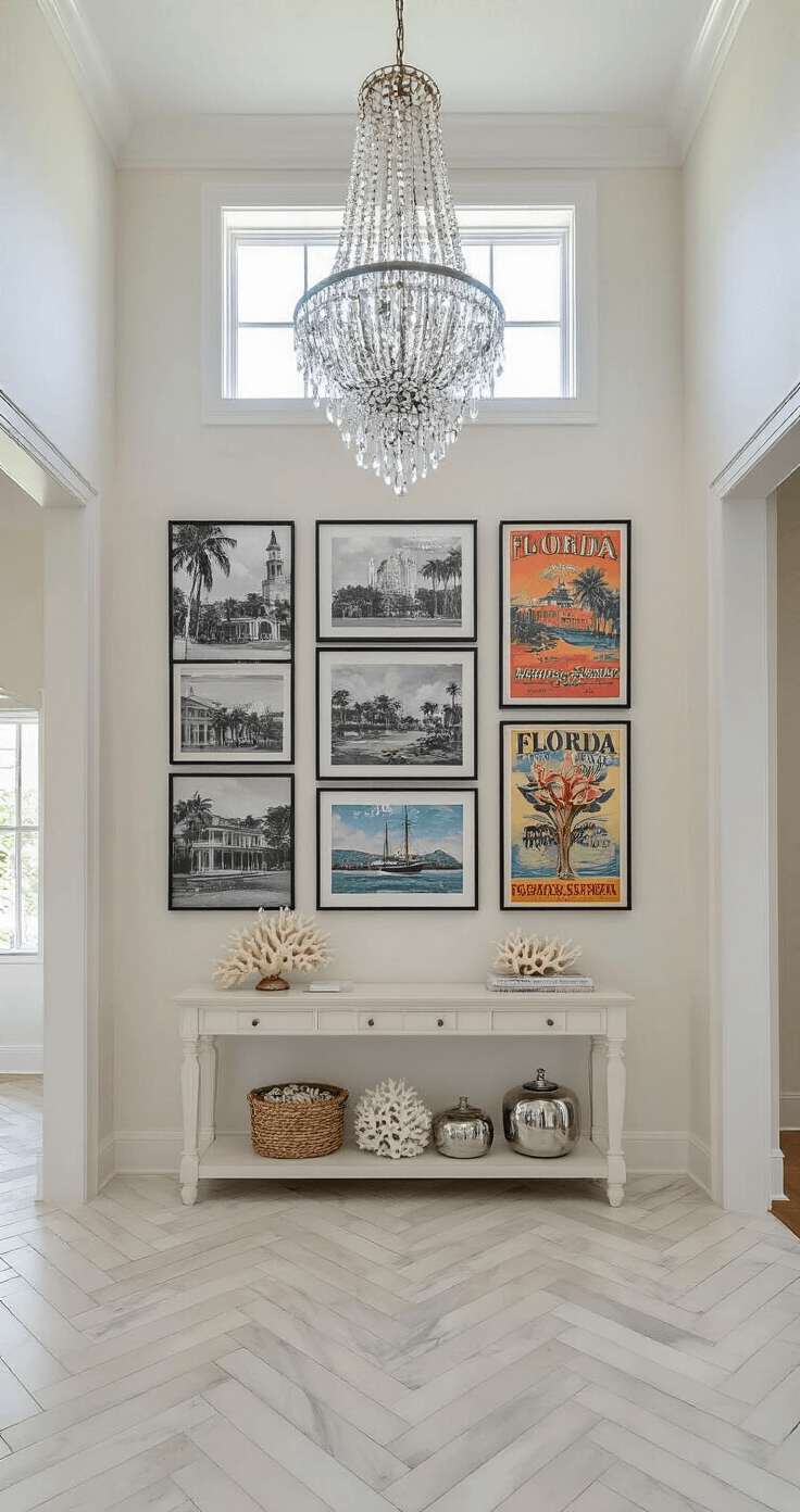 Bright entryway with high ceilings, featuring a statement chandelier, a floor-to-ceiling gallery wall of Florida photography and retro posters, a whitewashed console table with coral and mercury glass, and herringbone marble flooring reflecting light from a transom window.