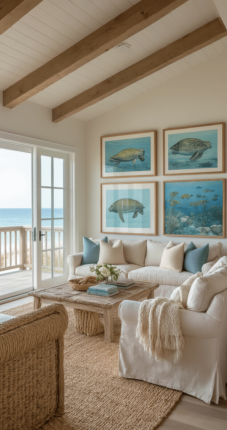 A cozy beach house living space featuring exposed beam ceilings and panoramic ocean views, adorned with manatee illustrations and underwater photography. Slipcovered furniture in sandy neutrals, textured throws, rope details, and driftwood accents create a warm atmosphere, with morning light reflecting off the artwork in the windows.