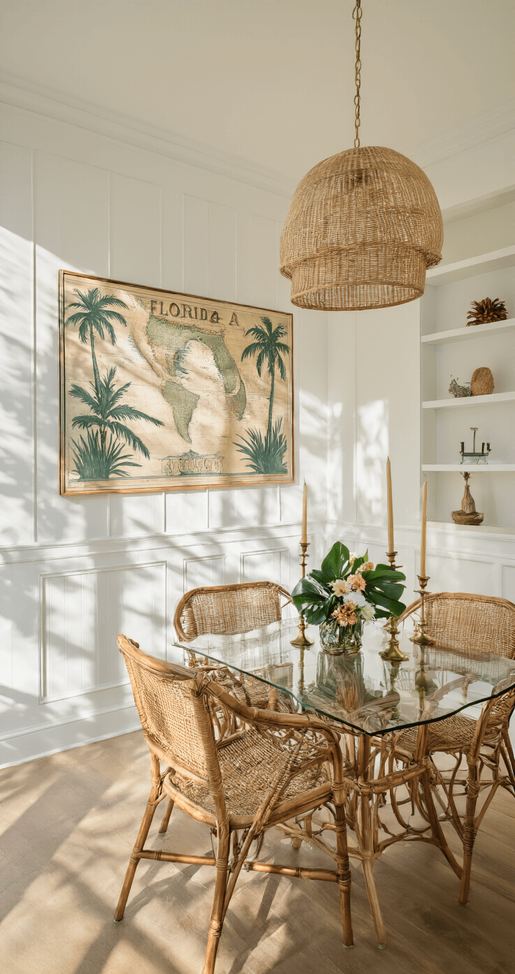 A bright dining room featuring wainscoting and built-in shelving, with a large vintage Florida map on the wall, rattan chairs around a glass-topped table, and a tropical centerpiece, all illuminated by afternoon sunlight creating dramatic shadows.