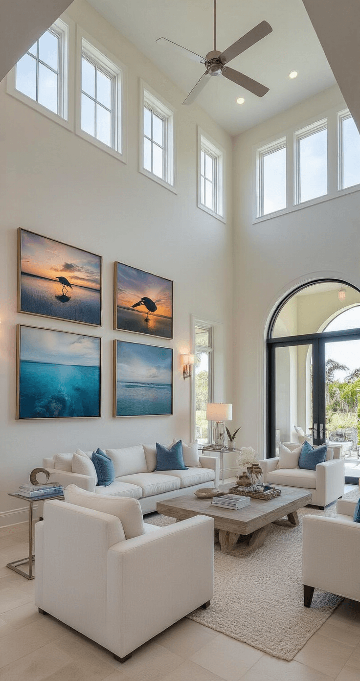 A spacious modern great room with high ceilings and clerestory windows, featuring a sophisticated gallery wall of wildlife photography and abstract art, clean-lined white and azure furniture, and metallic accents, captured from the entrance archway with dramatic sunset lighting.