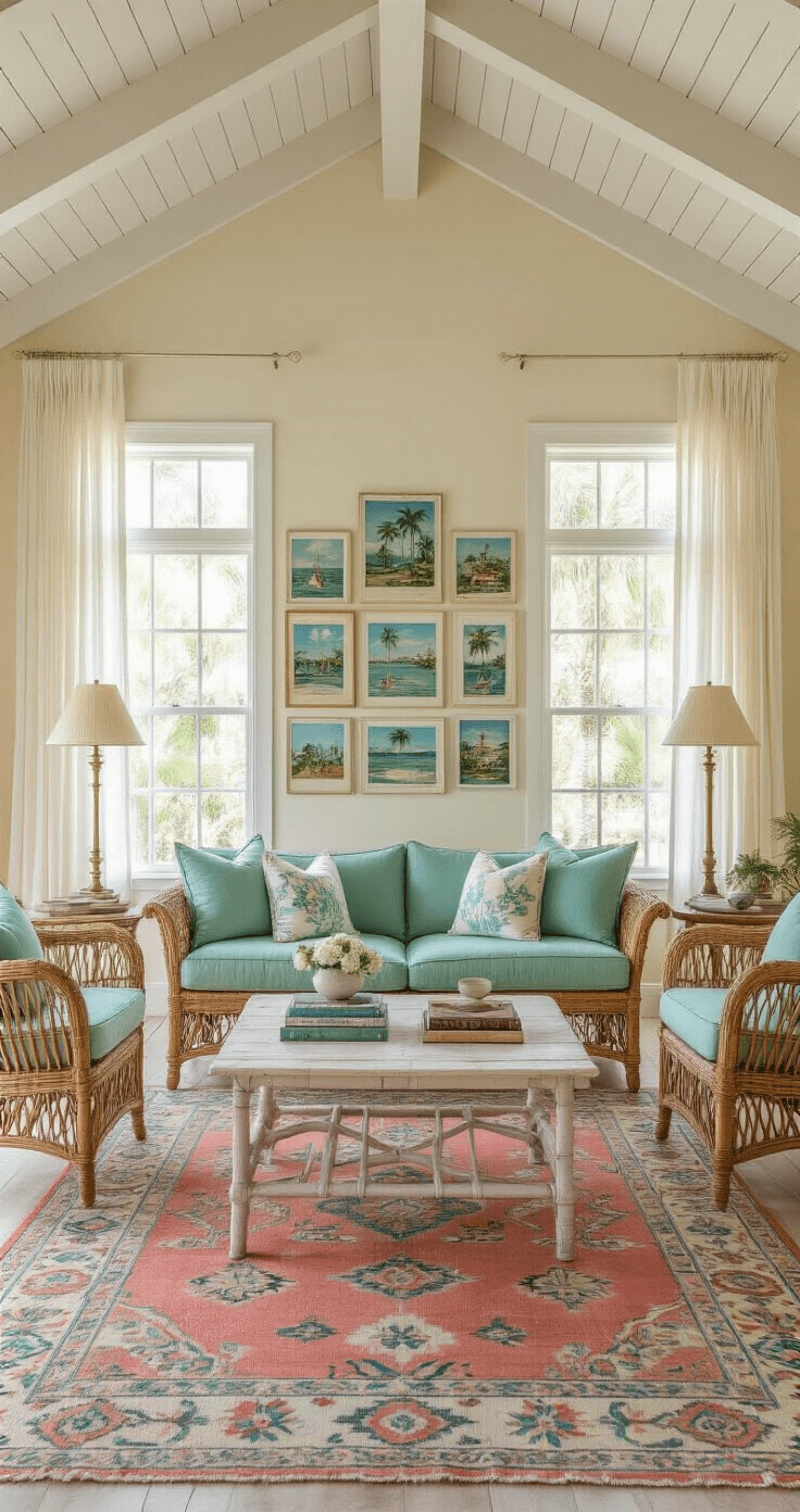 A sunlit Florida living room featuring vaulted ceilings with white beams, vintage rattan sofa, soft seafoam green cushions, a palm-pattern rug, weathered bamboo chairs, and a gallery wall of framed postcards, all illuminated warmly at golden hour.