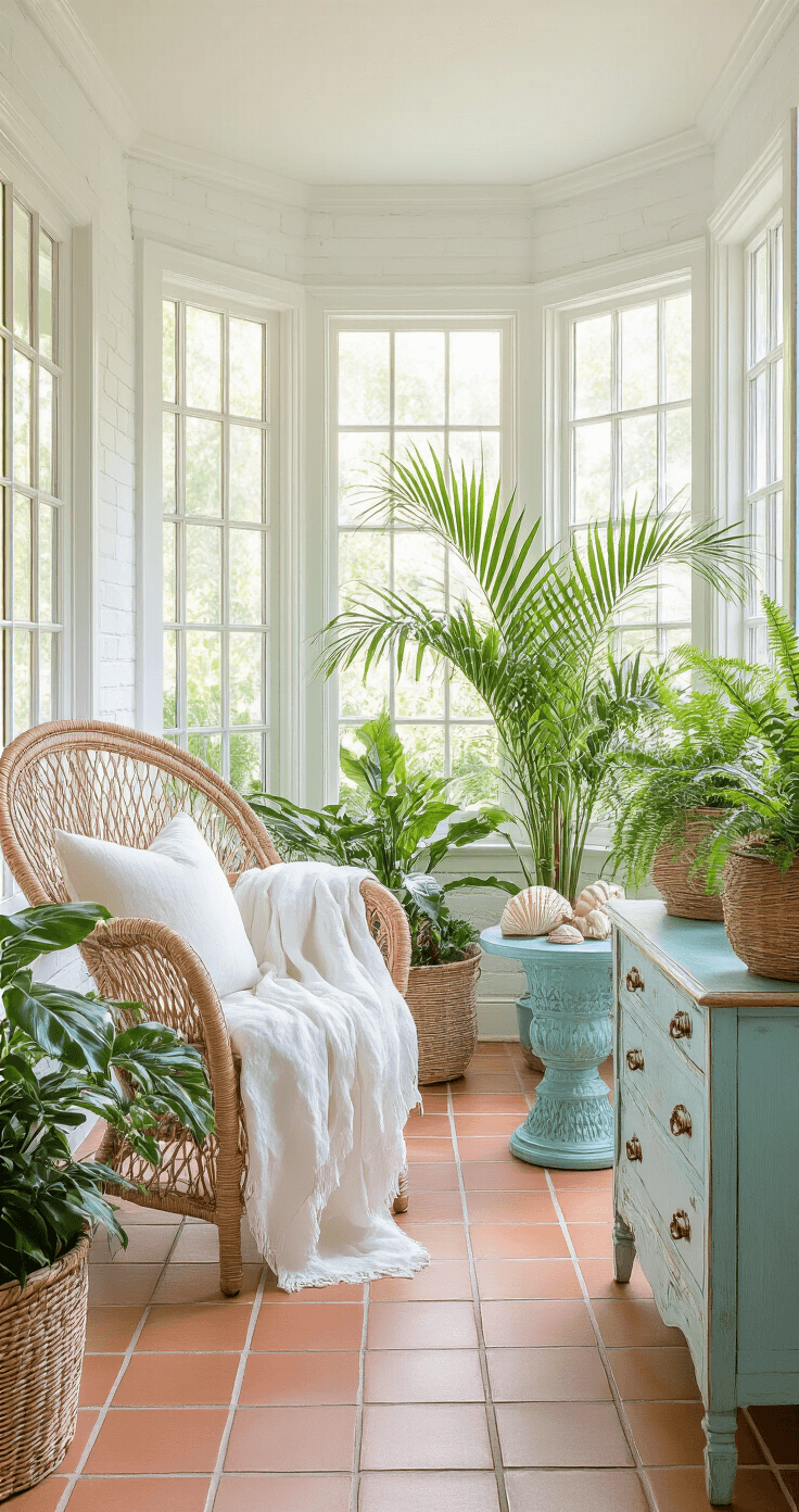 A serene corner sunroom with wrap-around windows, featuring white-painted brick walls, terra cotta tile floors, a rattan peacock chair draped in white linen, cascading potted palms, a pale blue ceramic side table with seashells, and a distressed aqua console, all bathed in soft morning light.