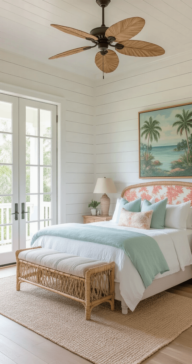 Master bedroom featuring whitewashed shiplap walls and pale oak flooring, with a king bed dressed in white and seafoam linens and a vintage coral fabric headboard, cane nightstands with shell-base lamps, a large 1950s Florida landscape painting above the bed, and a rattan ceiling fan, all bathed in warm golden hour light from French doors leading to a covered porch, evoking a romantic and tropical atmosphere.