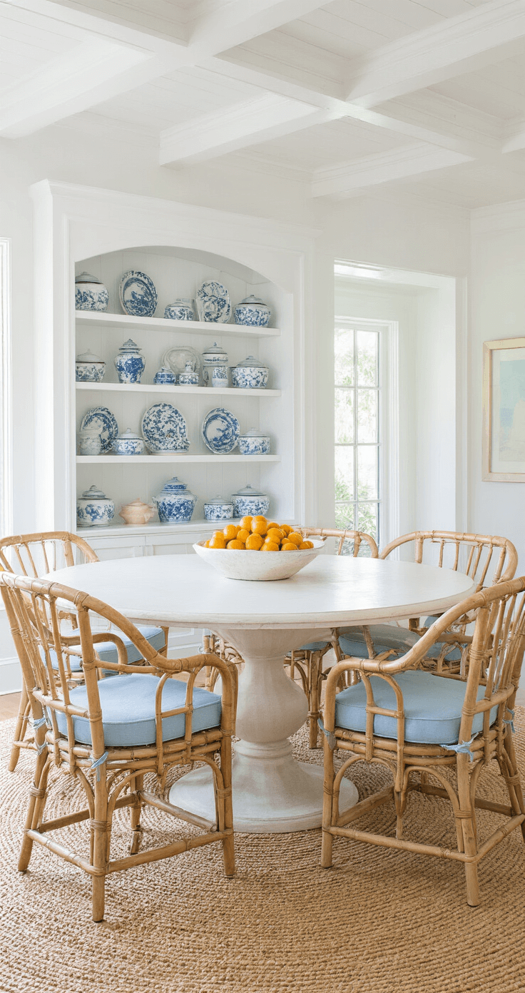Bright coastal dining room featuring a coffered ceiling and a sisal rug, furnished with an oval whitewashed table and six vintage bamboo chairs with pale blue cushions. A large ceramic bowl filled with citrus serves as the centerpiece, complemented by a built-in shell-front cabinet displaying vintage Florida pottery. The scene is illuminated by natural daylight, creating a fresh and elegant atmosphere.