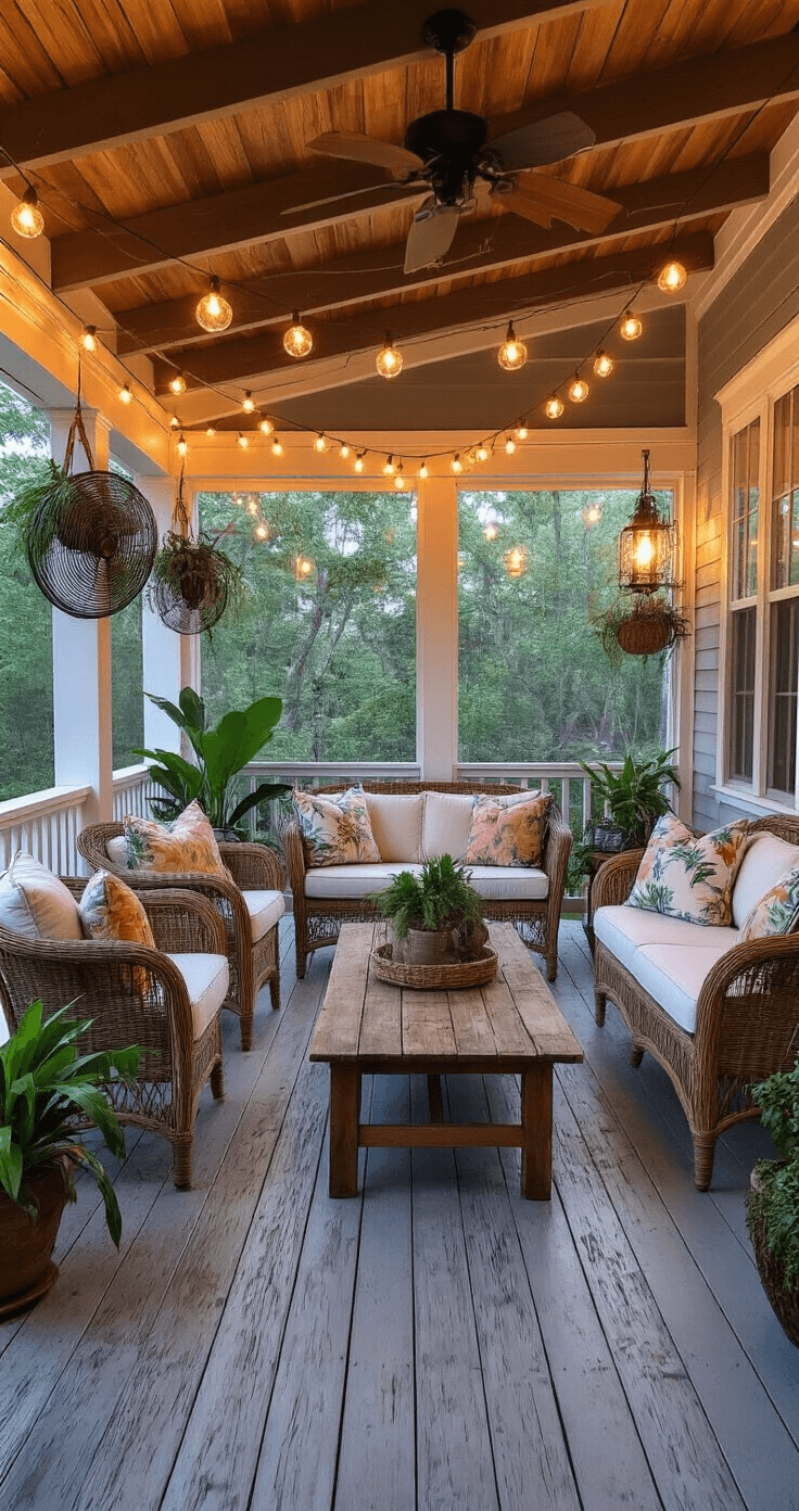 A wide-angle view of a screened porch at dusk, featuring exposed beam ceilings with string lights, distressed gray wood flooring, vintage wicker seating with tropical print cushions, a reclaimed boat wood coffee table, and hanging glass globes with air plants. The scene is illuminated with soft mood lighting, creating a magical and relaxed atmosphere.