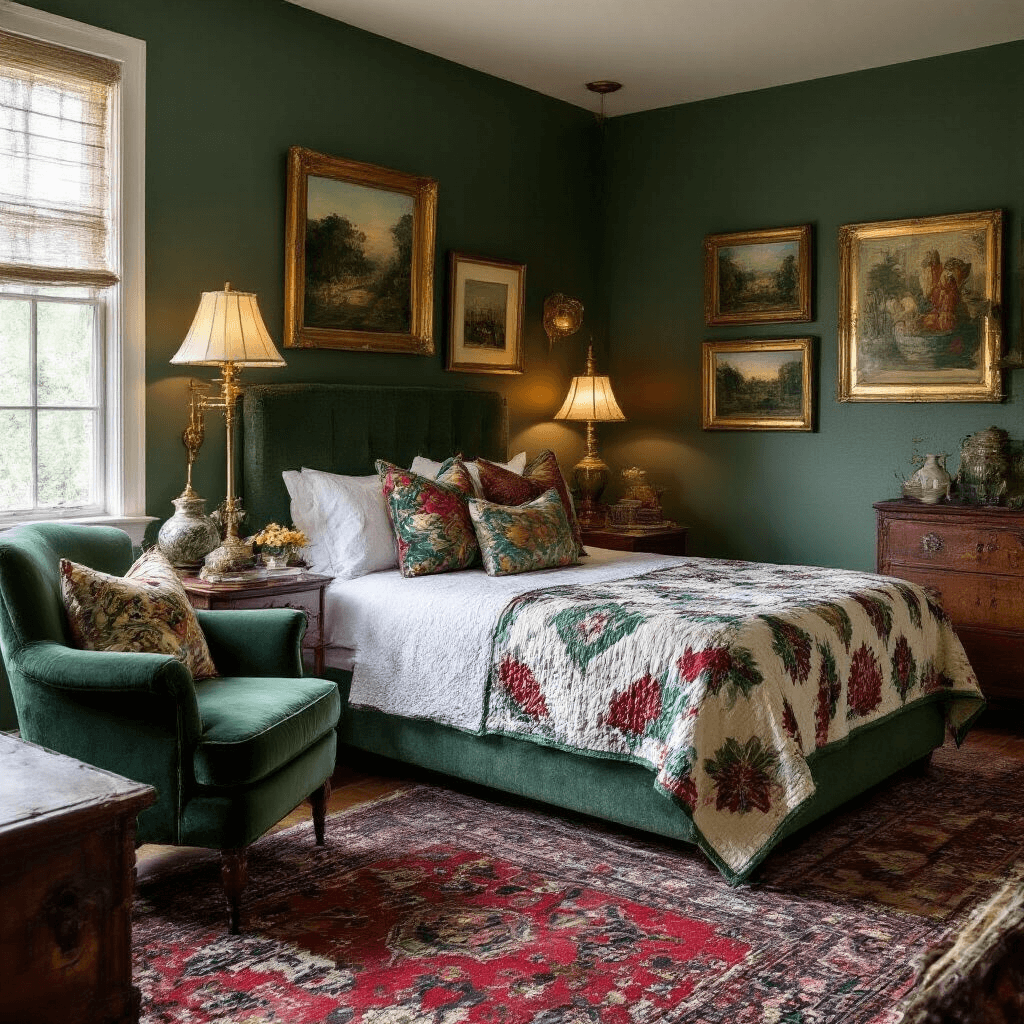 Cozy guest space at dusk featuring a low-profile queen bed with vintage quilts and mixed pattern pillows, a gallery wall of brass-framed art, an emerald green velvet chair, and ambient lighting from vintage lamps, complemented by Persian rugs and ceramic vases in a rich color palette.