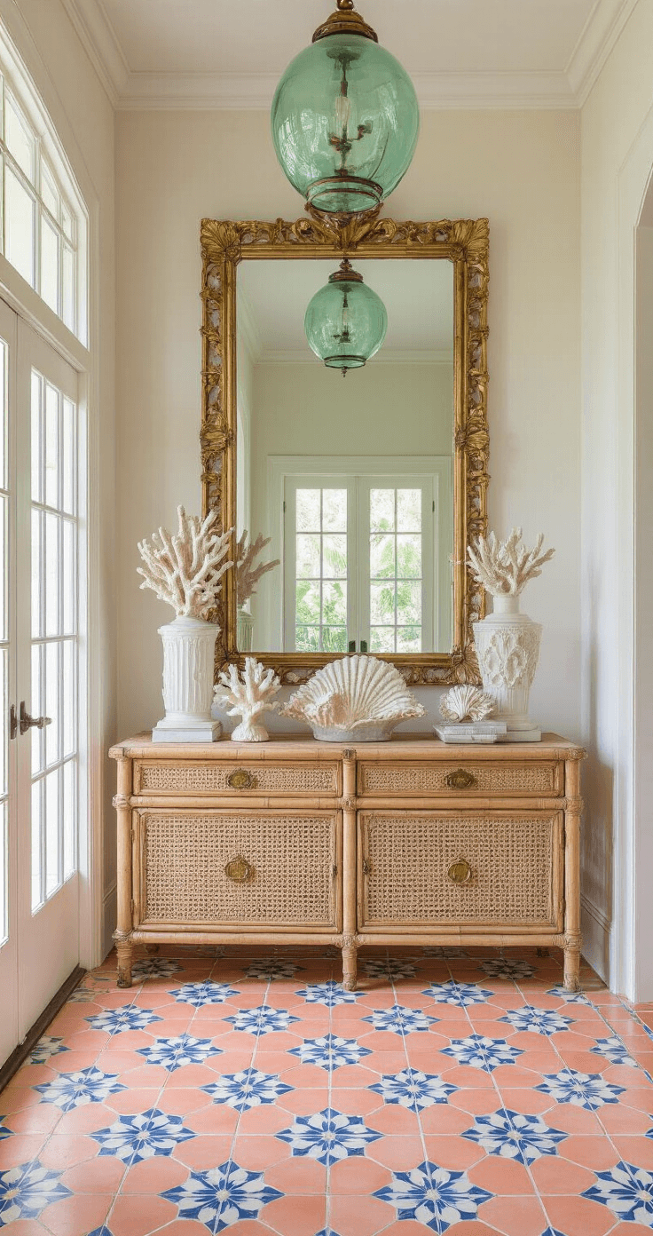 A bright entryway foyer featuring Cuban tile flooring in pale coral and blue, a vintage rattan console table with brass accents, a large gilded mirror with a shell frame, and a collection of coral specimens on white pedestals, all illuminated by morning light streaming through the front door and sidelights. The space exudes a welcoming, coastal vibe.