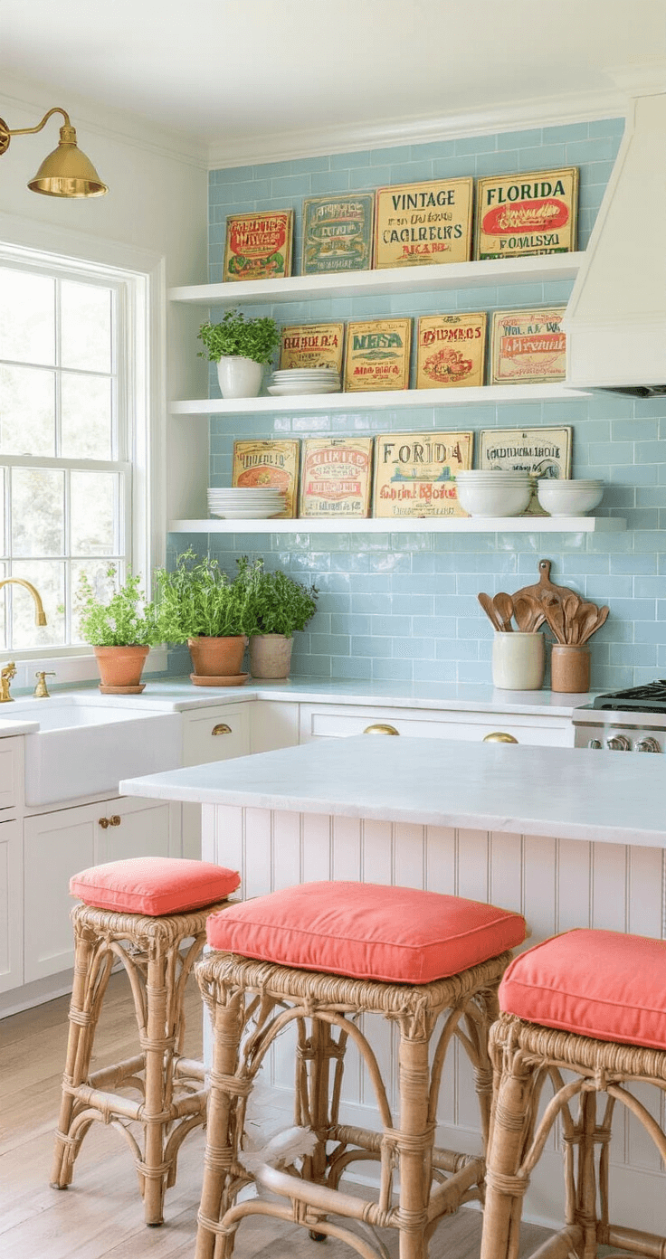A bright Florida kitchen measuring 12x18ft featuring white beadboard cabinets with vintage brass hardware, a pale blue subway tile backsplash, and open shelving displaying vintage citrus crate labels. Rattan counter stools with coral cushions complement the space, while potted herbs are arranged in the window, all bathed in fresh, natural mid-morning light. The layout showcases an efficient workflow triangle.