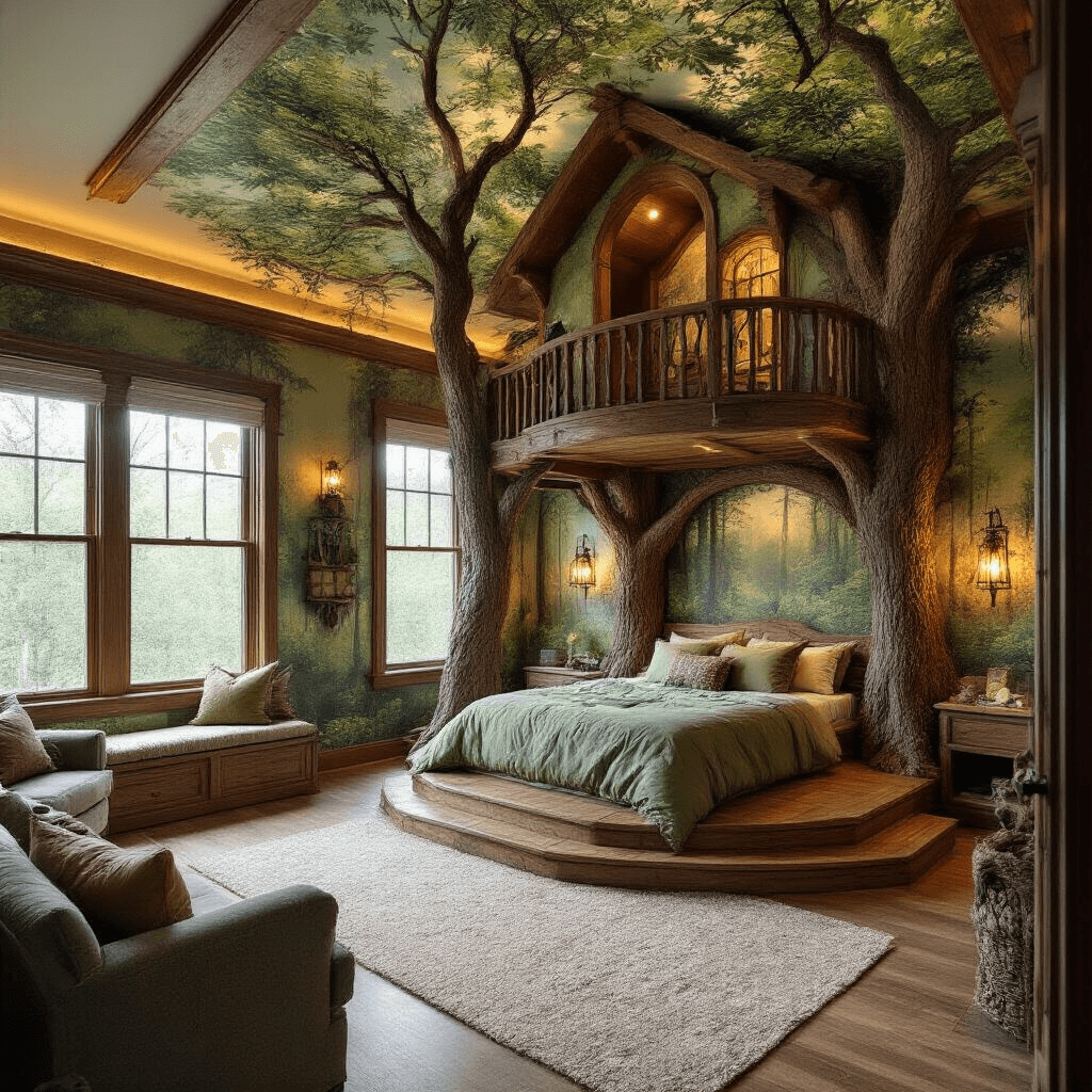 Spacious fantasy-themed bedroom featuring a custom treehouse bed platform with LED lighting, forest-inspired mural, and nature-themed decor in sage green and woodland browns, captured with a wide-angle view that highlights the dramatic tray ceiling and rich textures, all bathed in golden hour light.