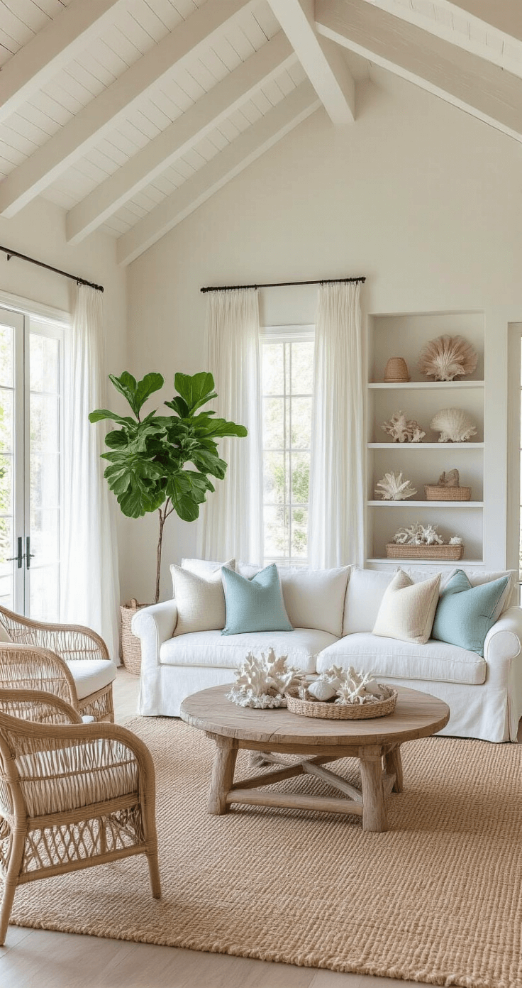 A sunlit living room features vaulted ceilings, exposed beams, and floor-to-ceiling windows. An ivory slipcovered sofa and driftwood coffee table sit on a jute rug, surrounded by rattan chairs and a fiddle leaf fig. Soft blue and sea glass accents adorn the decor, while sheer white curtains sway gently in the breeze.