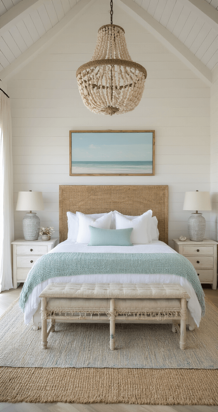 A serene master bedroom at dawn, featuring a king bed with white linens and a pale aqua chunky knit throw, seagrass headboard, whitewashed nightstands, and ocean views framed by gauzy drapes, all illuminated by a capiz shell chandelier and distressed ceramic table lamps on layered rugs.