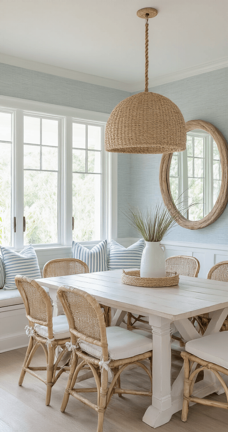 Airy dining space featuring a whitewashed trestle table with six rattan-backed chairs, an oversized rope-wrapped pendant light above, a built-in window seat with coastal-striped pillows, a white ceramic vase with beach grasses, pale blue grasscloth wallpaper, and a driftwood mirror reflecting window light.