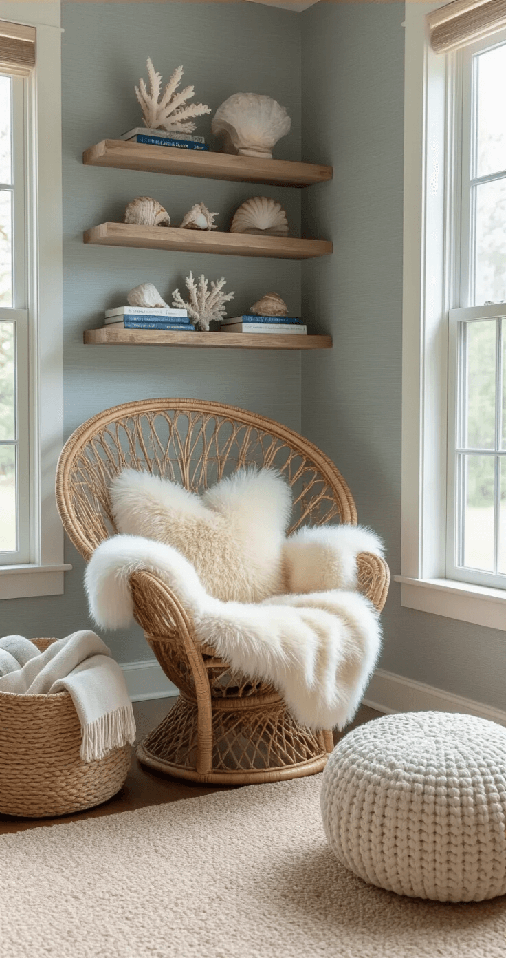 Cozy reading nook featuring an oversized rattan peacock chair draped with a cream sheepskin throw, illuminated by afternoon light streaming through floor-to-ceiling windows, with weathered oak floating shelves displaying coral and maritime books, a chunky ivory cable knit pouf, and a seagrass basket of rolled blankets against a blue-grey grasscloth wallcovering.