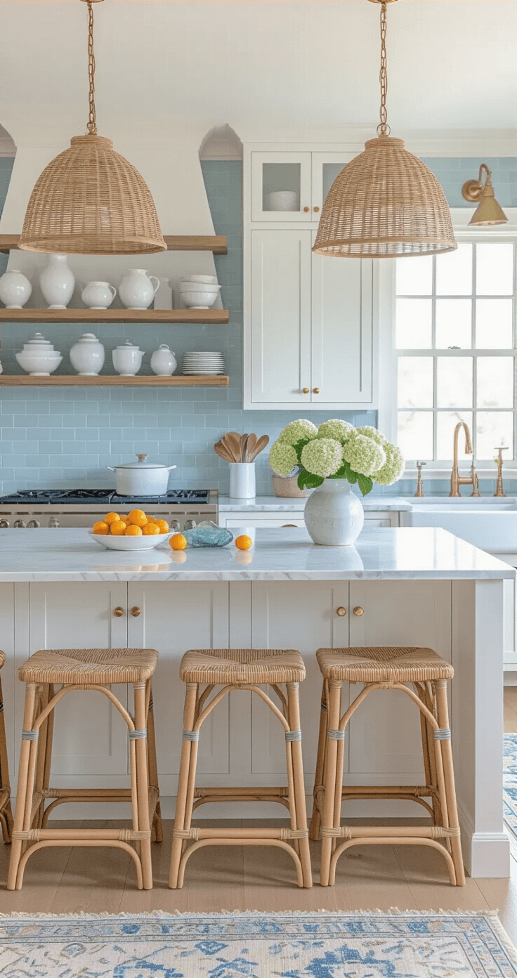 Bright coastal kitchen featuring white shaker cabinets with brass hardware, marble counters, and a pale blue subway tile backsplash. Open shelving showcases white pottery and sea glass, with rattan pendant lights above a marble island. A vintage runner in faded blues and sandy beiges contrasts with white oak floors. Fresh citrus and hydrangeas add a vibrant touch, captured from counter height to highlight the leading lines.