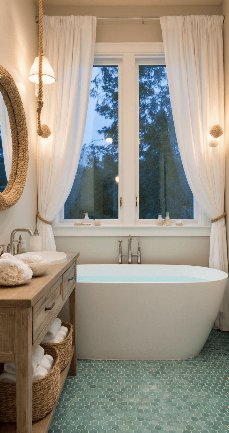 A cozy bathroom sanctuary at dusk featuring a freestanding soaking tub beneath billowy white curtains, a driftwood-finished floating vanity with a rope-wrapped mirror, sea glass-colored penny tile flooring, and woven baskets filled with rolled white towels, all illuminated by warm light from shell-encrusted sconces. Reflections enhance the depth of the scene.