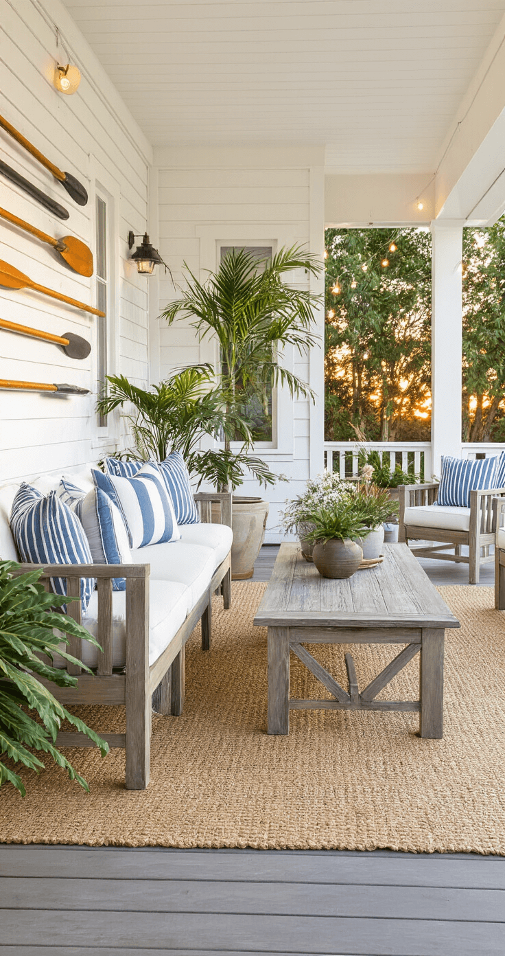 A wide-angle view of a covered porch at sunset, featuring a weathered teak sofa with coastal blue striped cushions, matching lounge chairs, and a distressed wood coffee table, adorned with vintage oars on white board-and-batten walls, potted palms in ceramic planters, a sisal rug, and string lights creating a warm ambiance.
