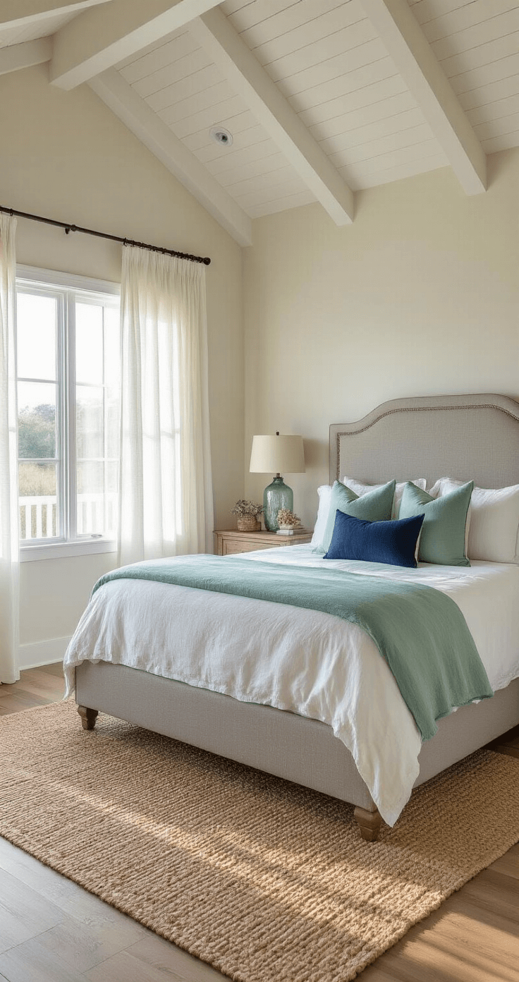 A sun-drenched master bedroom with vaulted ceilings, featuring a king-sized bed with layered white and sea glass green linens, weathered gray headboard, decorative coral and navy pillows, and a jute rug, all illuminated by natural light through gauzy white curtains. The scene is captured from a low corner angle, highlighting the coastal ambiance and depth of the space, with weathered oak side tables and mercury glass lamps.