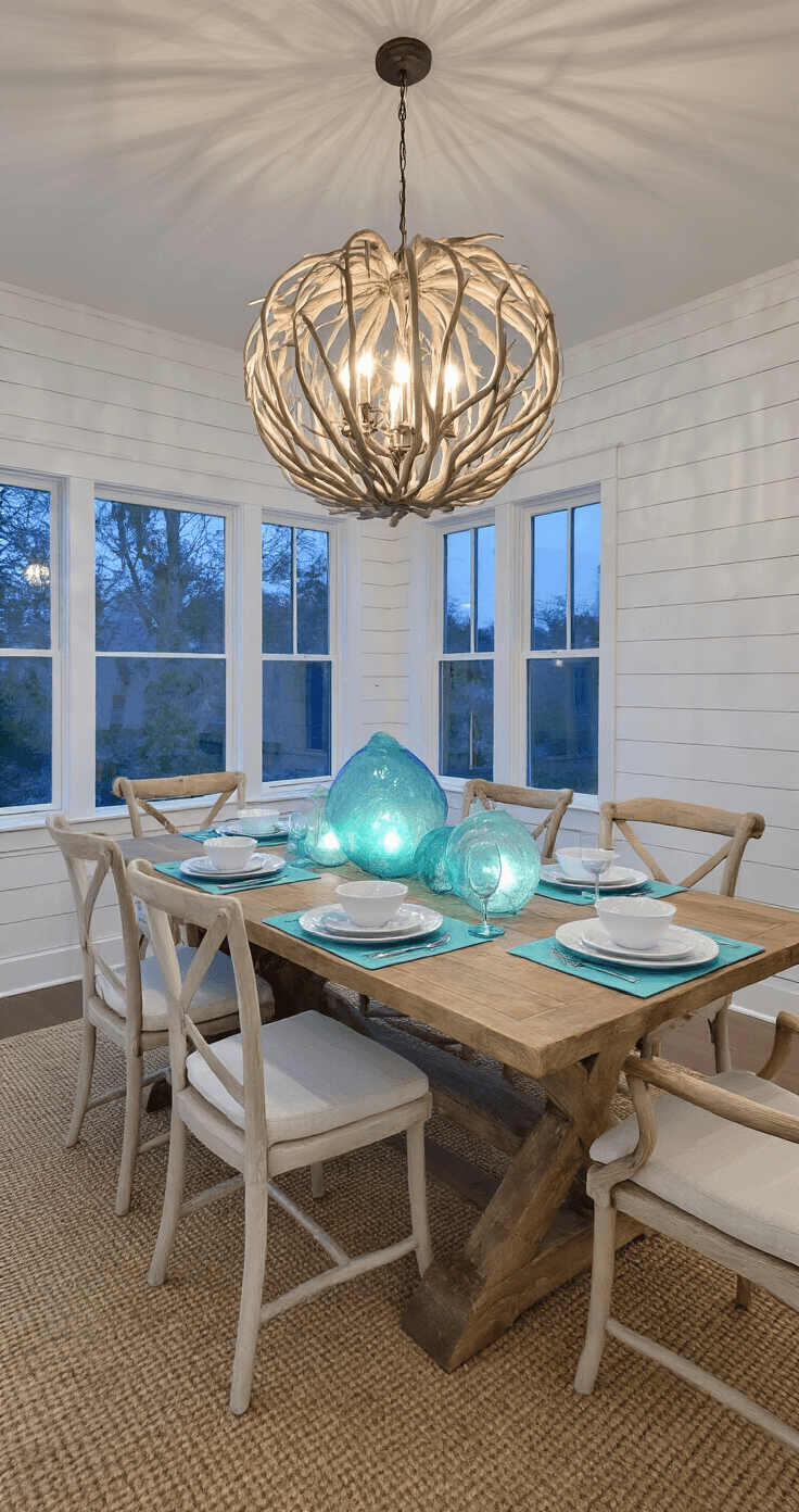 An elegant dining room at dusk, featuring a driftwood and capiz shell chandelier, white-washed shiplap walls, a reclaimed teak dining table set with aqua table linens and white ceramic place settings, and a centerpiece of vintage blue glass fishing floats, all on a textured sisal carpet.