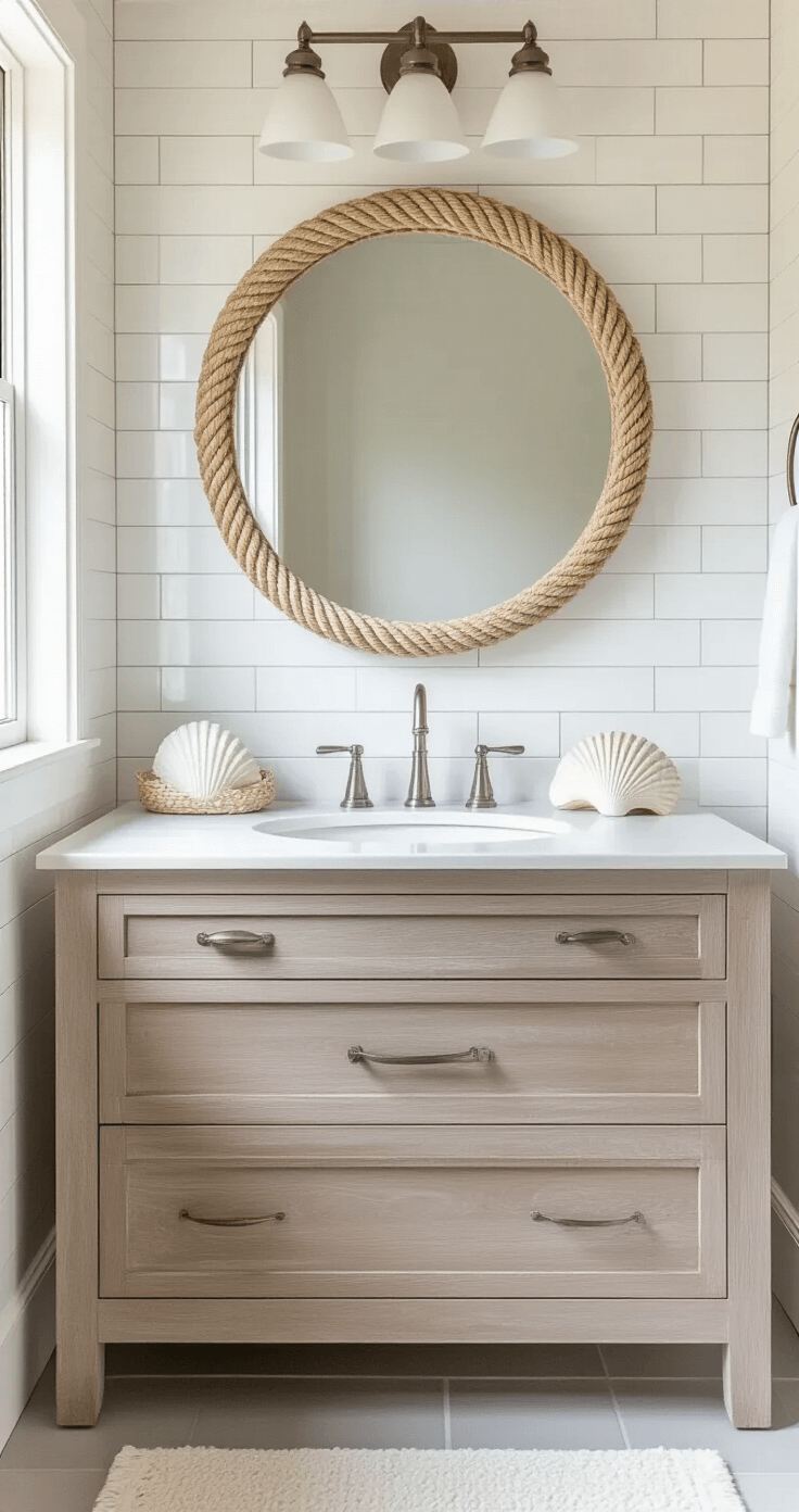A serene coastal bathroom featuring white subway tiles and a floating driftwood vanity, illuminated by morning light, with a round rope-framed mirror and shell-motif accessories on the counter.