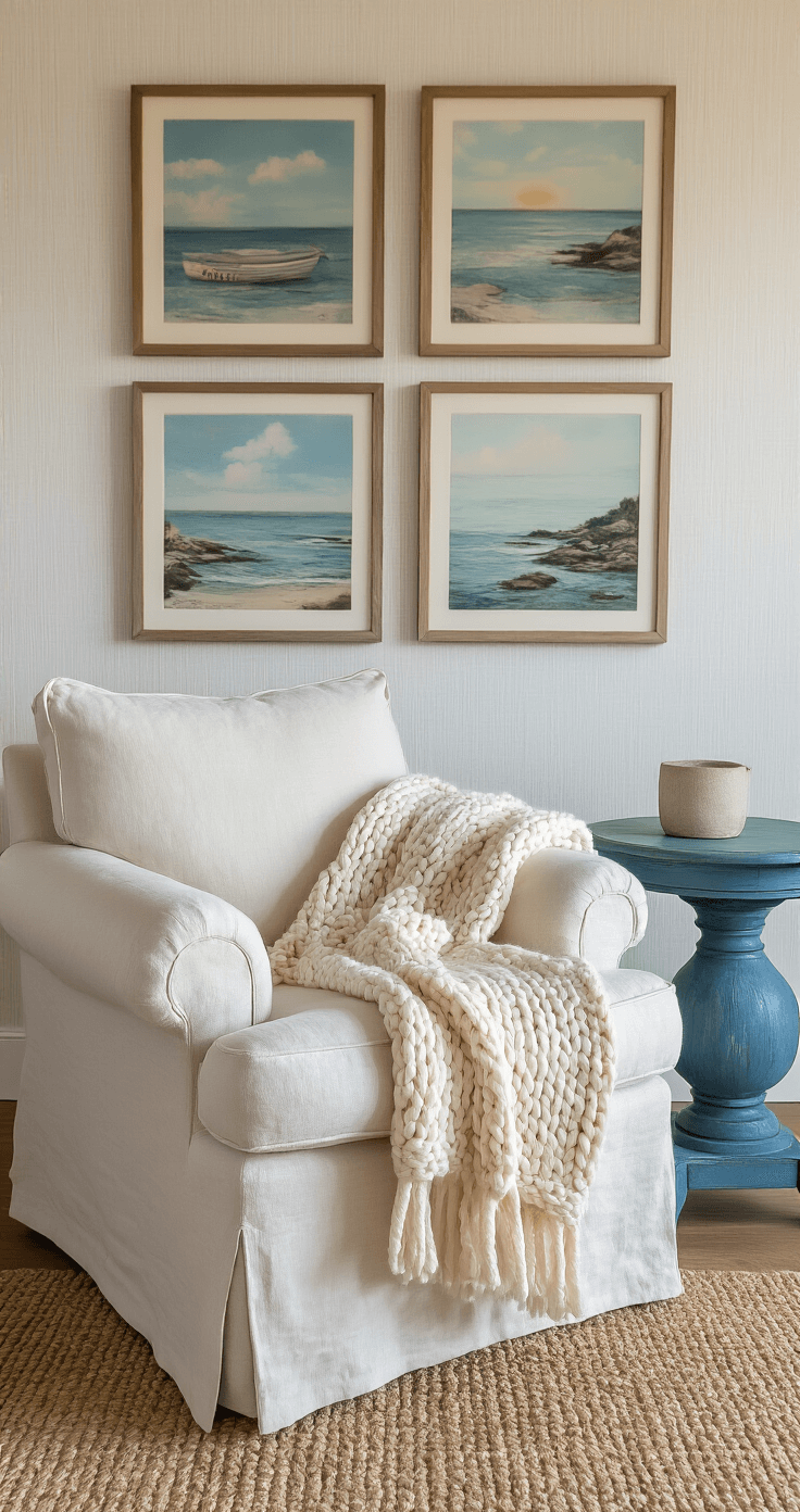 Cozy living room corner at sunset featuring a white oversized linen armchair with a chunky cream knit throw, a weathered blue accent table, and a gallery wall of vintage coastal prints in whitewashed frames, with textured seagrass wallpaper.