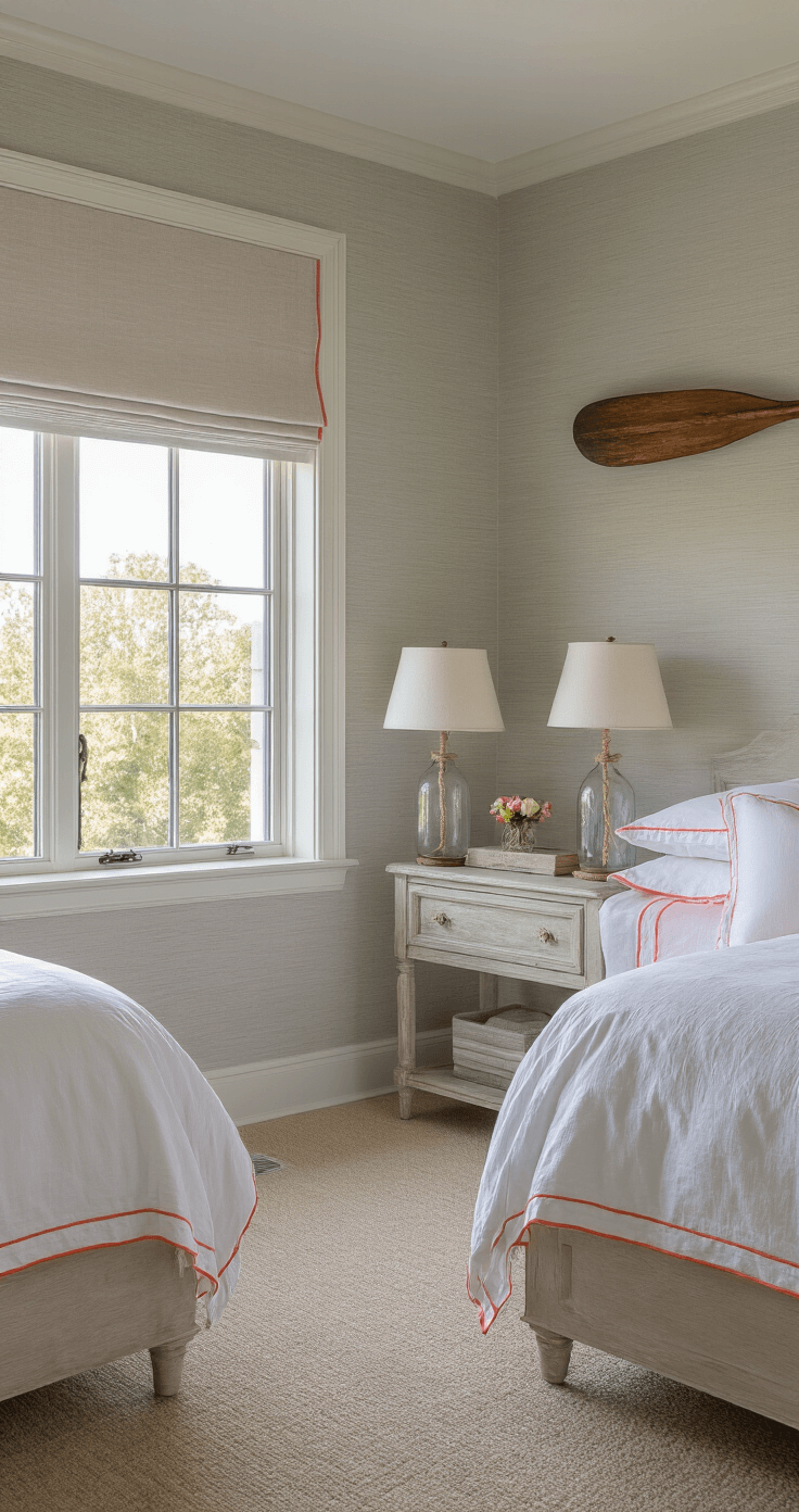 A tranquil guest bedroom at dawn featuring twin beds with white linens and coral piping, large window with natural linen roman shades, weathered nightstands with glass lamps, a vintage oar on the wall, and pale gray grasscloth wallpaper.