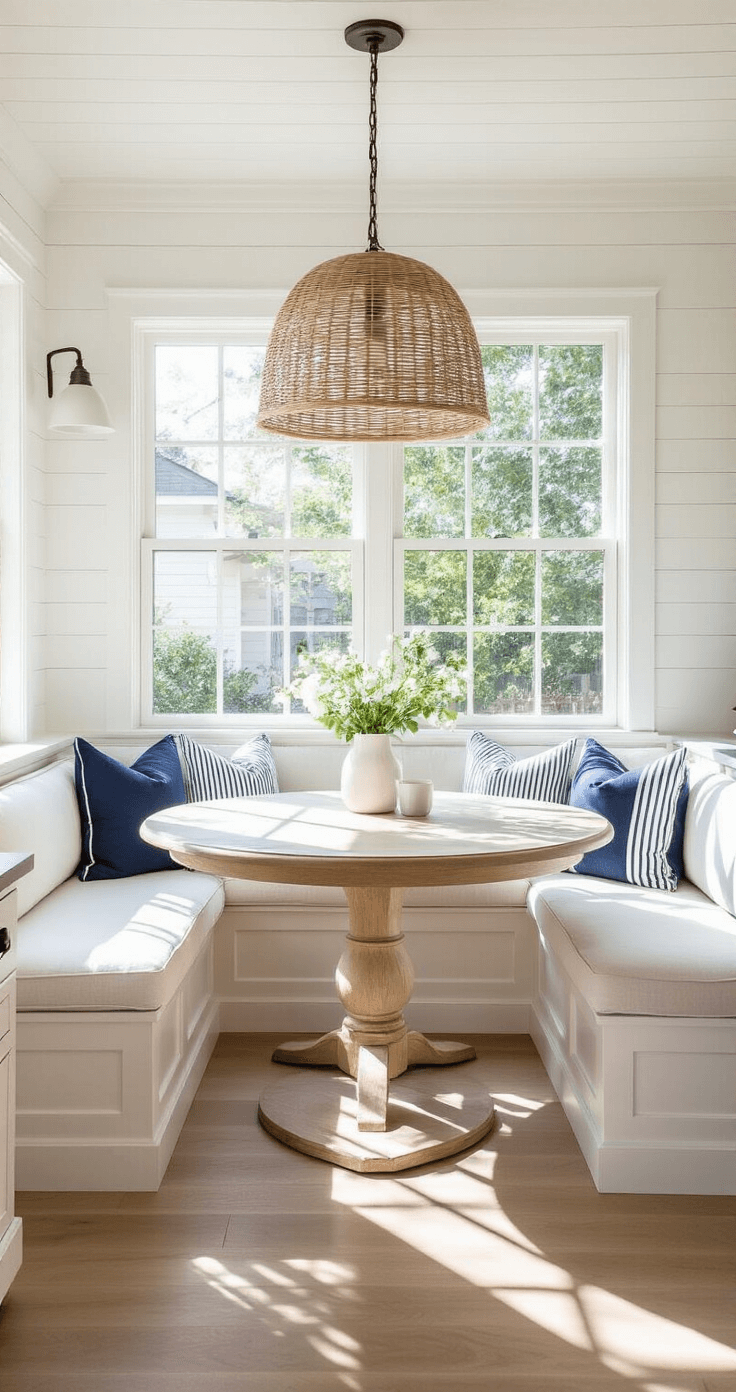 A bright and airy kitchen nook featuring a built-in banquette with performance white fabric, a bleached oak pedestal table, and a rattan pendant light casting intricate shadows, accented with navy and white striped pillows, all under a white beadboard ceiling and walls.