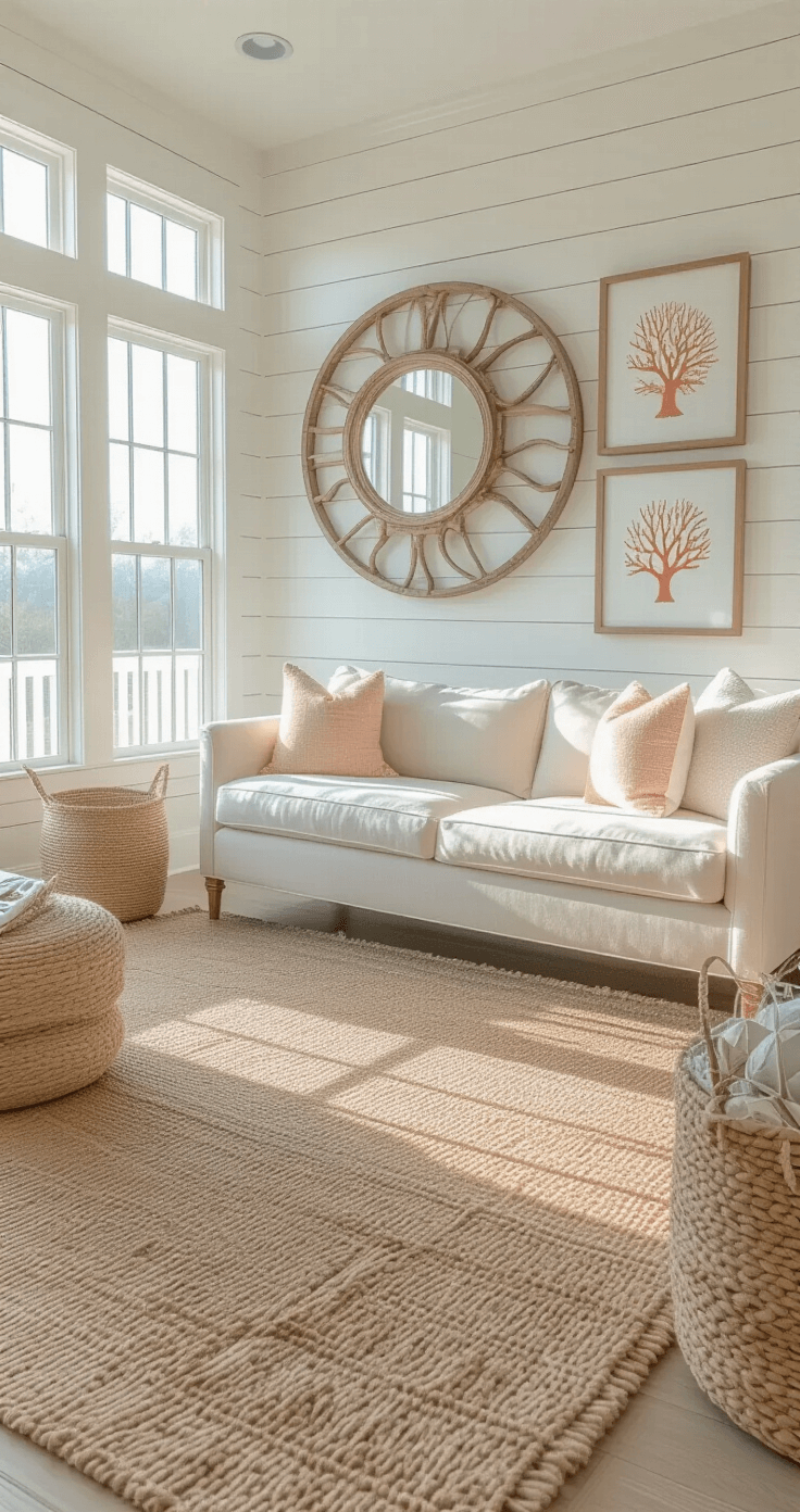A bright and airy living room featuring a weathered white shiplap accent wall, a driftwood mirror above a natural linen sofa, framed coral prints, a jute rug, and coastal decor elements in a serene, sophisticated color palette.