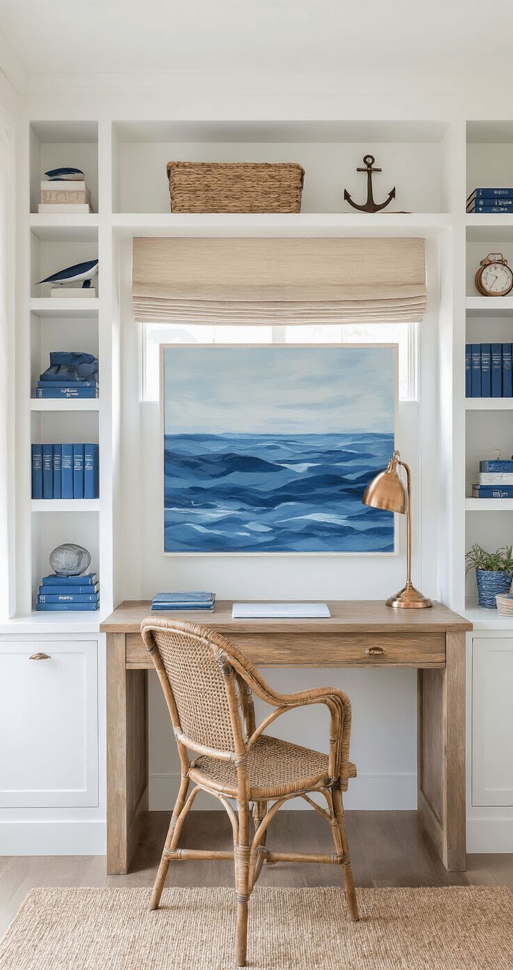 A cozy 10x12ft home office nook with white built-in shelves displaying nautical items and blue books, a large abstract seascape above a teak desk, a rattan chair, and a copper lamp, all bathed in soft mid-morning light.