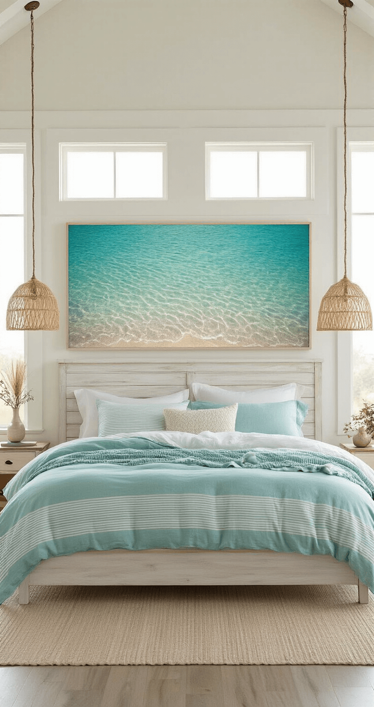 A tranquil master bedroom at dawn, featuring a king bed against a wall with oversized underwater photography print in turquoise tones. Flanked by capiz shell pendant lights and a whitewashed wooden headboard, the layered bedding in seafoam and sand adds to the serene atmosphere. Vintage oars mounted on the wall create visual interest, all bathed in natural morning light and warm fill, set in a color palette of aqua, warm white, and driftwood gray. Shot from the doorway at a slight elevation.