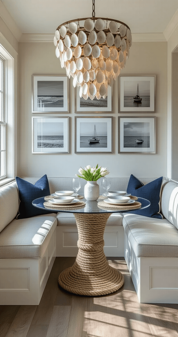 Aerial view of a compact dining nook featuring a round glass table with a rope-wrapped base beneath a cascading oyster shell chandelier. The banquette seating, upholstered in weathered sail cloth fabric, complements a gallery wall of nine black and white beach photographs in silver frames. The warm white and silvery gray color palette is accented with deep indigo, creating a mood of casual elegance with soft lighting and dramatic shadows.