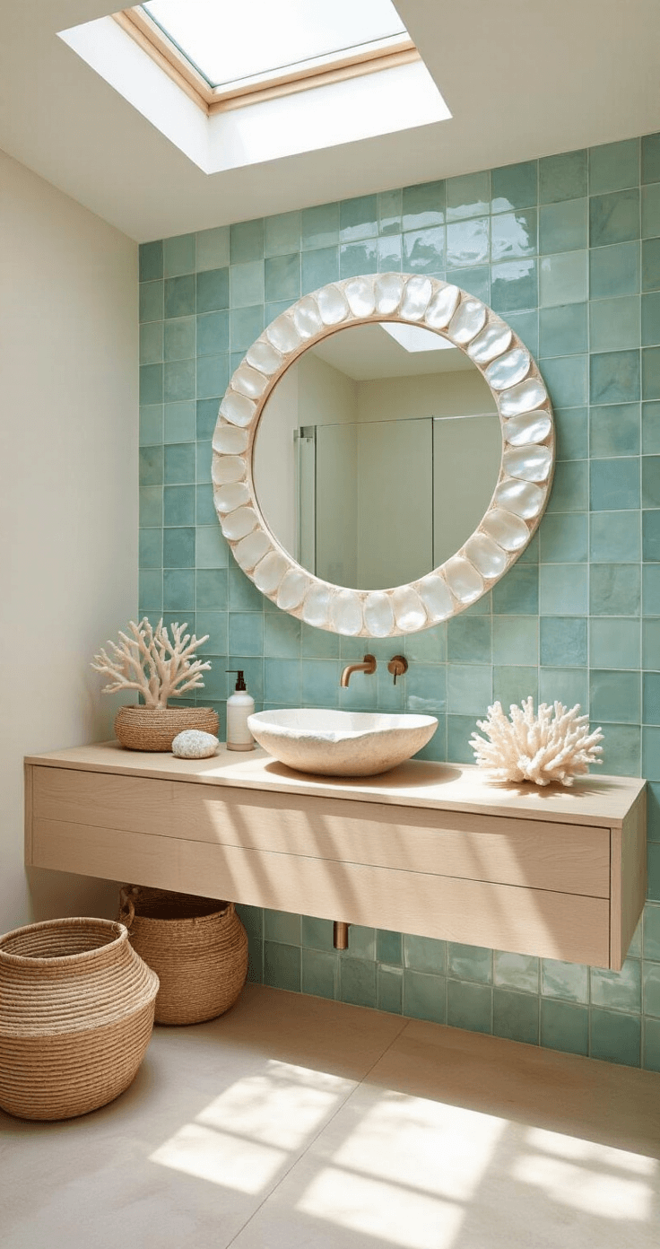 A sun-drenched bathroom featuring oversized sea glass ceramic tiles, a bleached oak floating vanity with a shell-shaped vessel sink, and a circular mirror framed in mother of pearl tiles, accompanied by woven water hyacinth baskets and raw edge coral specimens, all in a mint and pearl color palette, creating a spa-like serene atmosphere.