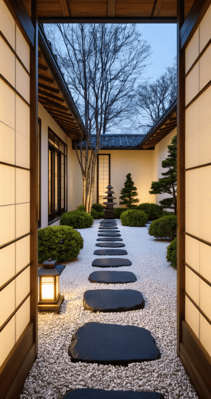 Transform Your Tiny Space: The Ultimate Guide to Creating a Serene Small Japanese Garden An interior courtyard garden viewed through shoji screens during blue hour, featuring charcoal stepping stones over white gravel, a stone lantern casting shadows, and dwarf evergreens silhouetted against cream walls, with a low-angle perspective highlighting vertical elements and a mix of cool and warm lighting.