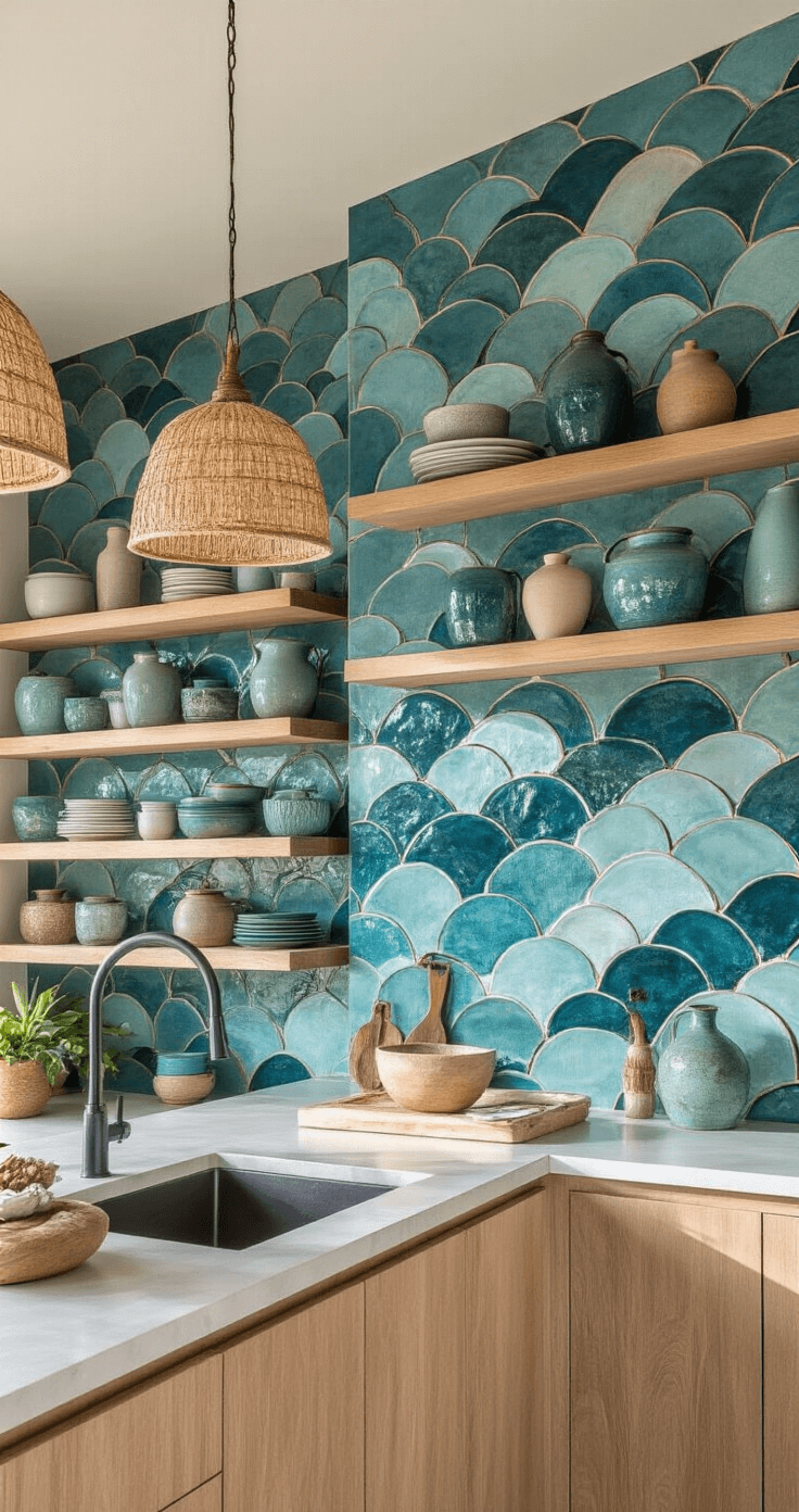 A modern coastal kitchen featuring a dramatic wall of handmade ceramic tiles in wave patterns, with open shelving displaying ocean-toned pottery and vintage glass fishing floats. The space is illuminated by pendant lights with woven natural fiber shades, cast interesting shadows, and highlights the deep teal, sand, and weathered brass color palette.