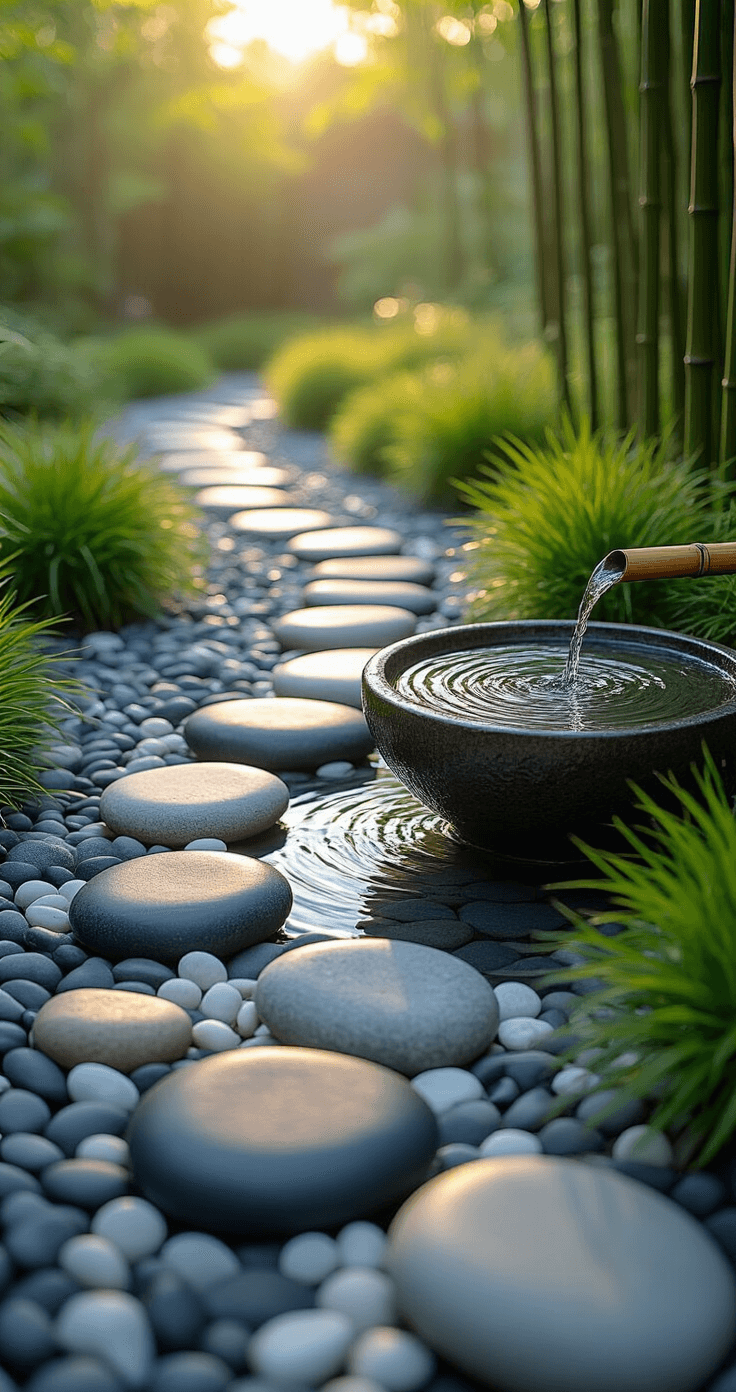Transform Your Tiny Space: The Ultimate Guide to Creating a Serene Small Japanese Garden A serene linear garden with a smooth stone path, bordered by black mondo grass and white pebbles, featuring a bamboo water spout that creates ripples in a ceramic basin, all illuminated by soft morning light.