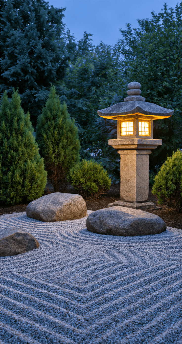 Transform Your Tiny Space: The Ultimate Guide to Creating a Serene Small Japanese Garden A tranquil dusk scene of a 6x6ft meditation garden corner, featuring a softly glowing traditional stone lantern, granite boulders arranged thoughtfully, and swept gravel patterns. Silver-green dwarf junipers add height variation, while mixed lighting creates a serene atmosphere infused with deep blue twilight.