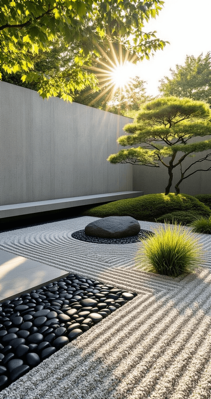Transform Your Tiny Space: The Ultimate Guide to Creating a Serene Small Japanese Garden A high-angle view of a contemporary zen garden featuring a sculptural dwarf maple against a minimalist concrete wall, with black polished pebbles and light gravel creating dramatic patterns, enhanced by strong afternoon sunlight that highlights textures and shadows.