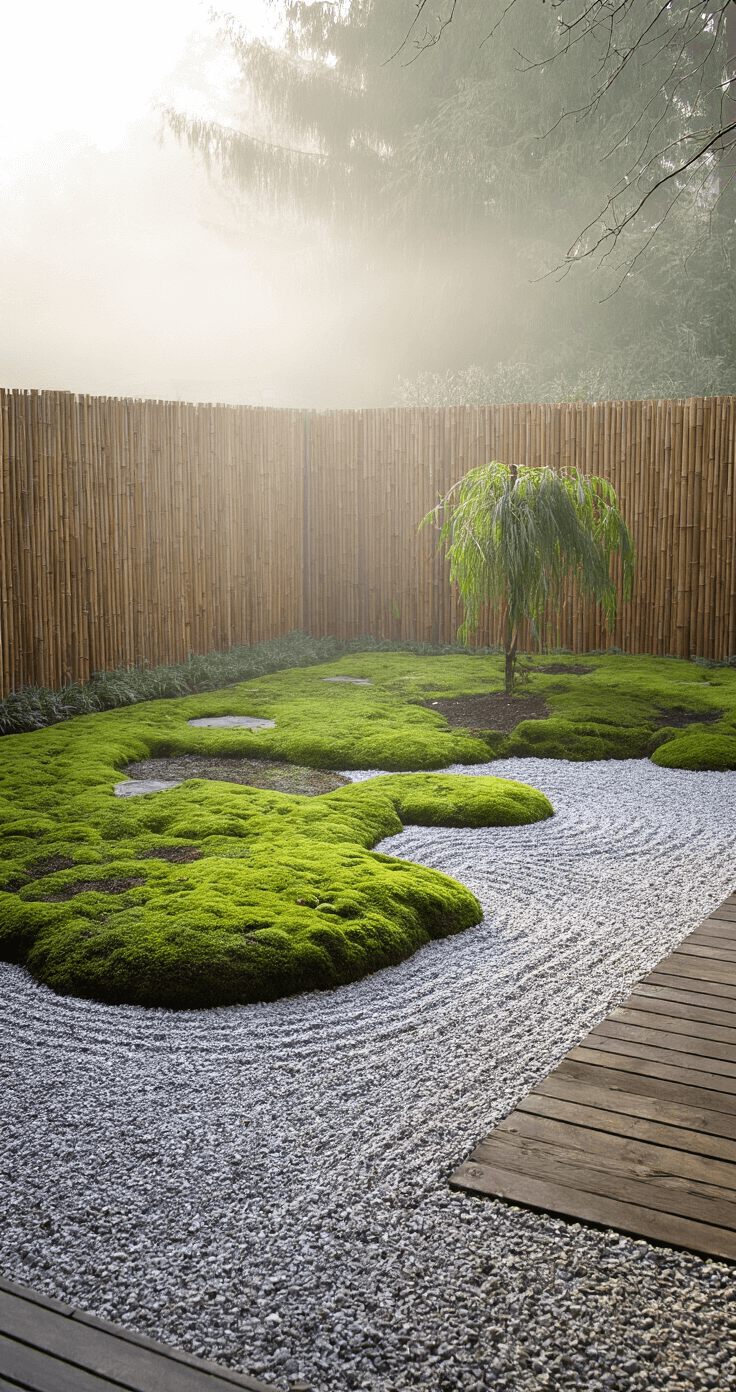 Transform Your Tiny Space: The Ultimate Guide to Creating a Serene Small Japanese Garden A serene early morning courtyard garden shrouded in mist, featuring moss-covered stones amidst fine gravel, a lone weeping evergreen, and a weathered wooden border, all framed by a traditional bamboo fence, captured at eye level with soft, diffused lighting.