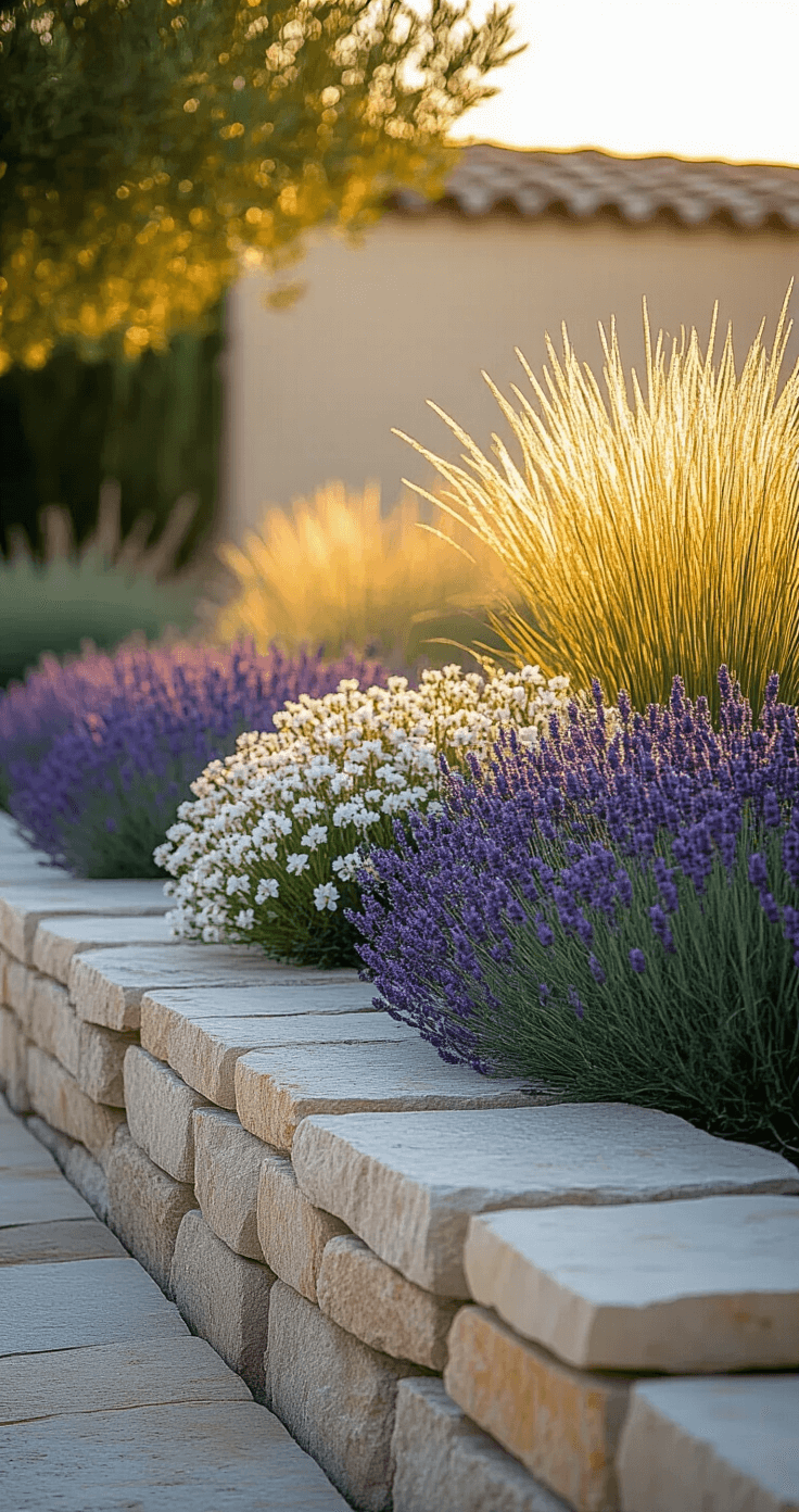A low-angle view of a striking elevated stone garden bed at golden hour, showcasing weathered limestone blocks and cascading lavender and white flowering alpines, with ornamental grasses in the center, all illuminated by warm sunset light against a blurred Mediterranean-style stucco wall.