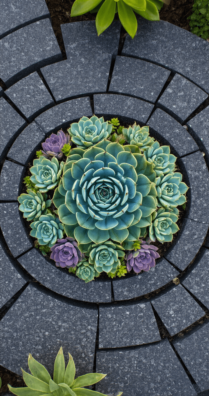 An overhead drone shot of a modern minimalist stone garden bed featuring morning dew on succulents, including blue-green and purple Echeveria rosettes arranged in a spiral pattern within dark charcoal granite blocks. Small sedums fill gaps, and crushed granite mulch contrasts the structured design.