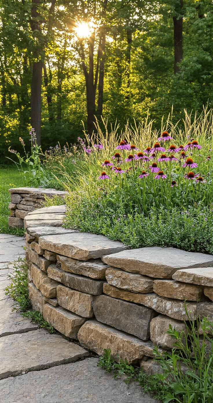 Late afternoon interior shot of an L-shaped rustic garden bed made from weathered earth-toned fieldstones, 18 inches high, filled with cascading thyme, purple coneflowers, and native grasses, with dappled sunlight creating patterns across the stones.
