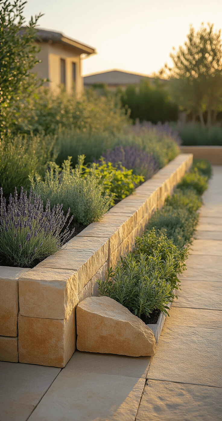 A golden hour photograph of a Mediterranean-style raised herb garden featuring buff-colored sandstone blocks, with lavender, rosemary, and sage plants thriving in warm evening light.