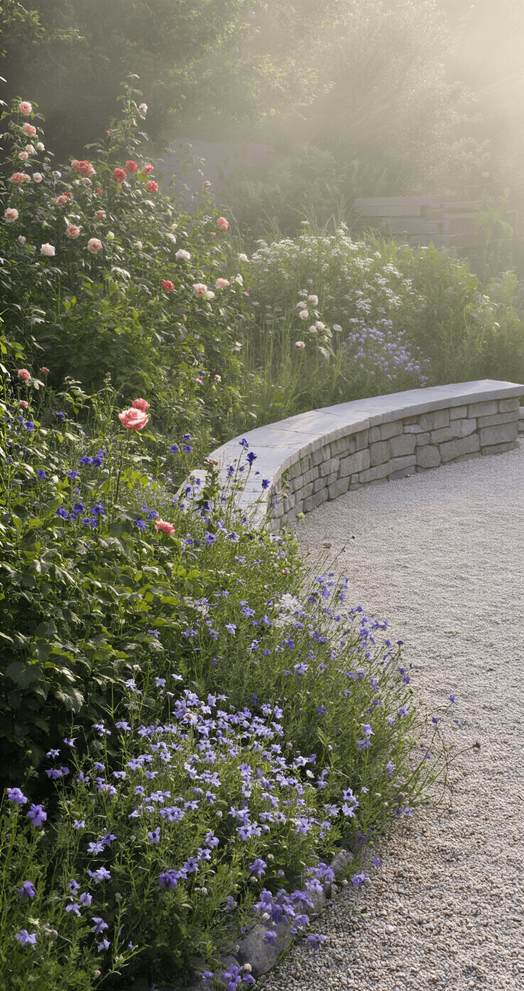 A serene dawn scene featuring a curved stone bed made of soft gray limestone, adorned with English roses, bellflowers, and creeping phlox, set against a misty background with gentle backlighting creating a halo effect around the flowers.