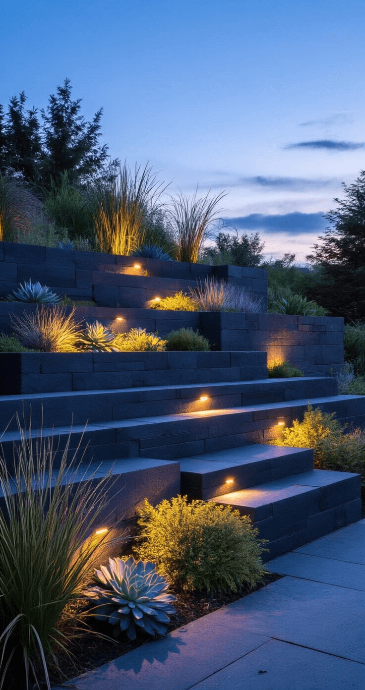 Dramatic twilight image of a three-tiered stone garden bed made of dark basalt blocks, featuring strategic uplighting that highlights the textures and showcases architectural succulents and ornamental grasses against a backdrop of cool blue and warm lighting.