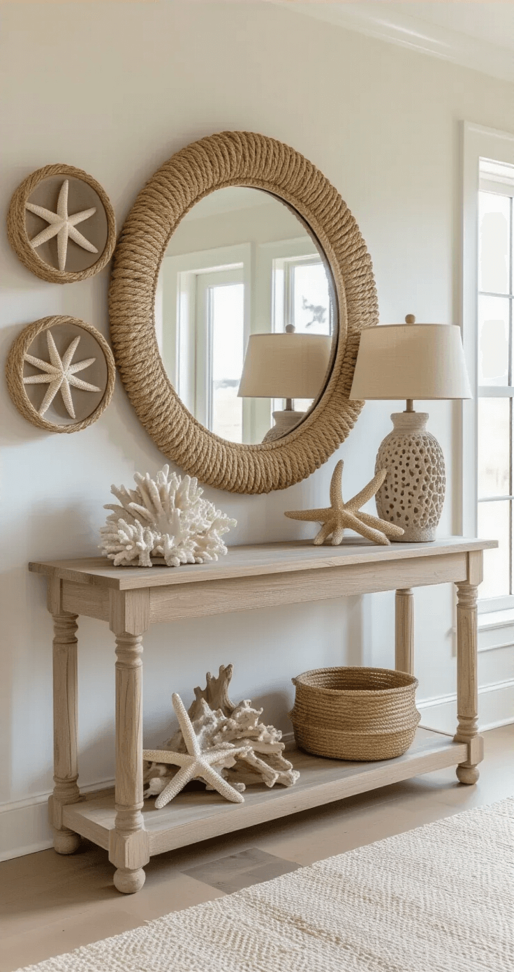 A curated coastal entryway vignette featuring a vintage sun-bleached teak console table, an oversized circular mirror with rope detail, and a gallery wall of preserved starfish and coral in lucite shadow boxes. A carved driftwood lamp with a textured linen shade complements the scene, highlighted by dramatic side lighting, with a color palette of bone white, natural wood, and soft gold.