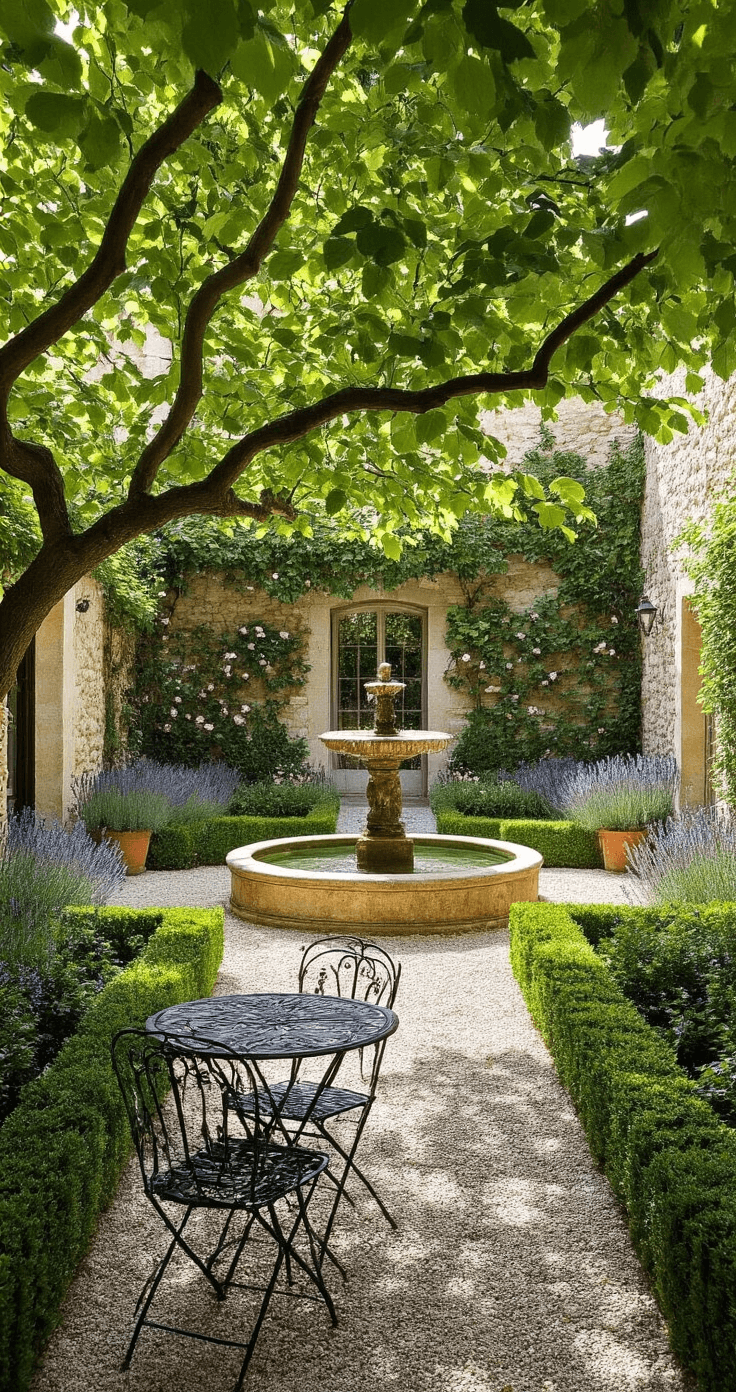 A sunlit French courtyard garden with a central limestone fountain, surrounded by boxwood parterre and crushed limestone paths lined with lavender, viewed from a raised terrace. The scene includes a vintage iron bistro set and weathered terracotta planters with climbing roses against limestone walls, under dappled light from a mature linden tree in a muted palette of sage green, warm greys, and soft purples.