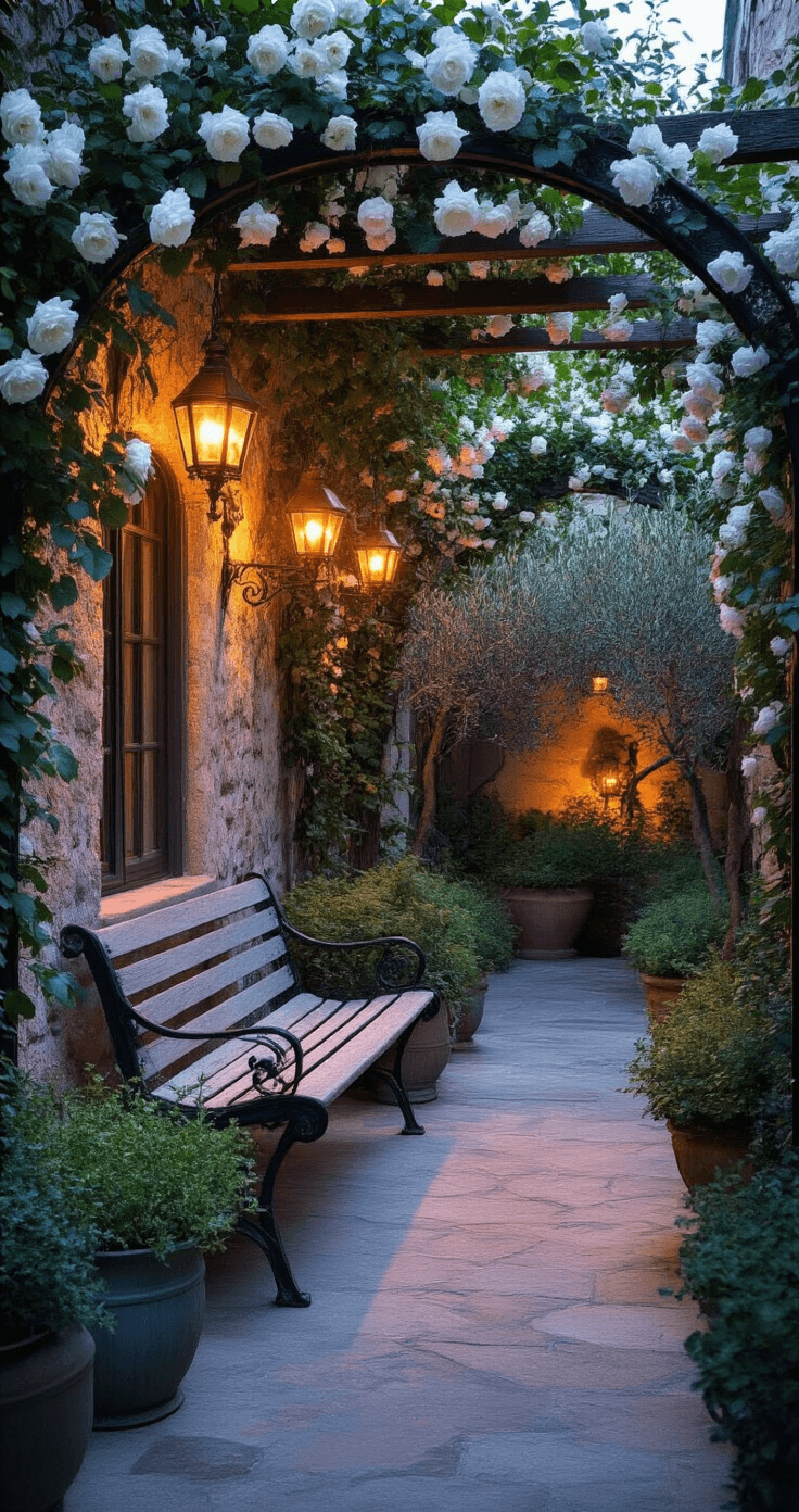 Intimate twilight courtyard with a wrought iron arch covered in white roses framing a weathered wooden bench, warm copper lanterns illuminating stone walls, flanked by potted olive trees and overflowing antique zinc planters of herbs, featuring deep blues and silvery greens with a dreamy bokeh effect.